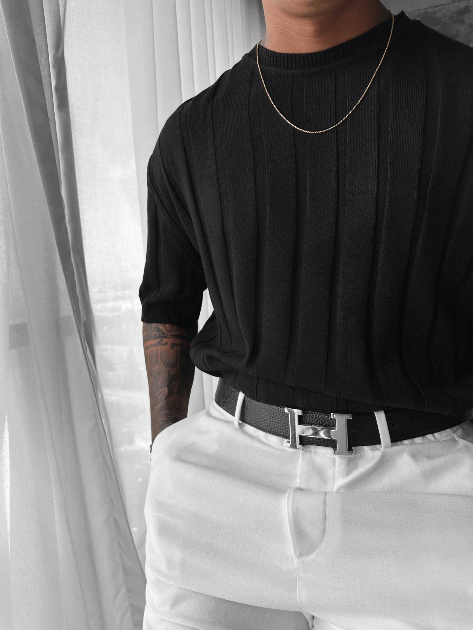 Regular Fit Knit Lines T-shirt - Black