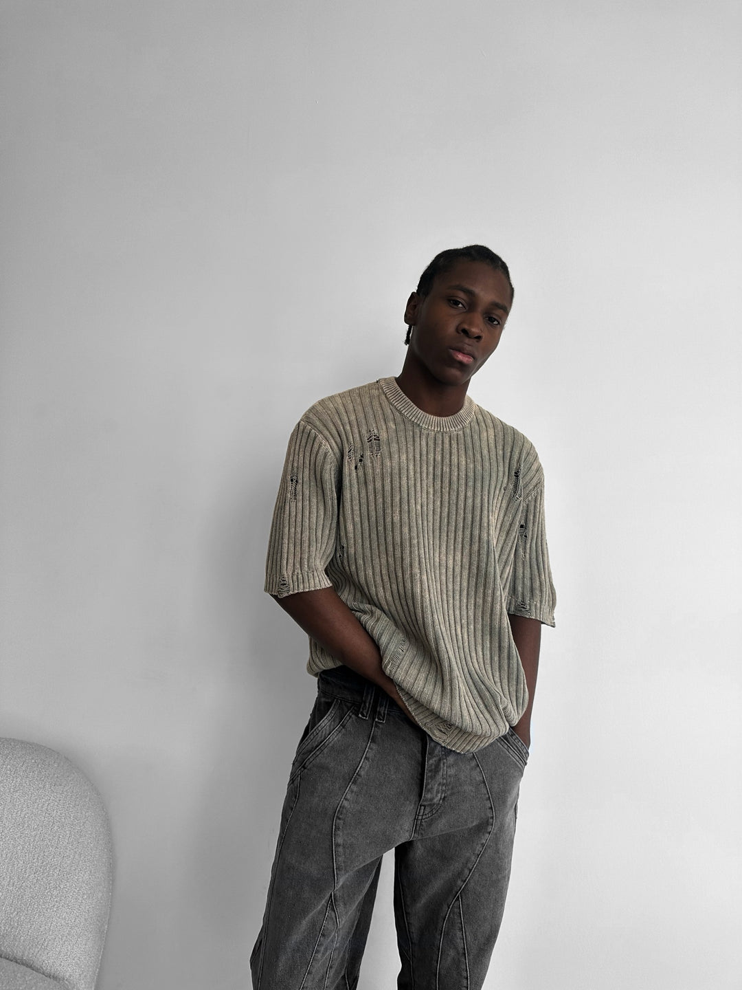 Oversize Torn Washed Knit T-shirt - Stone