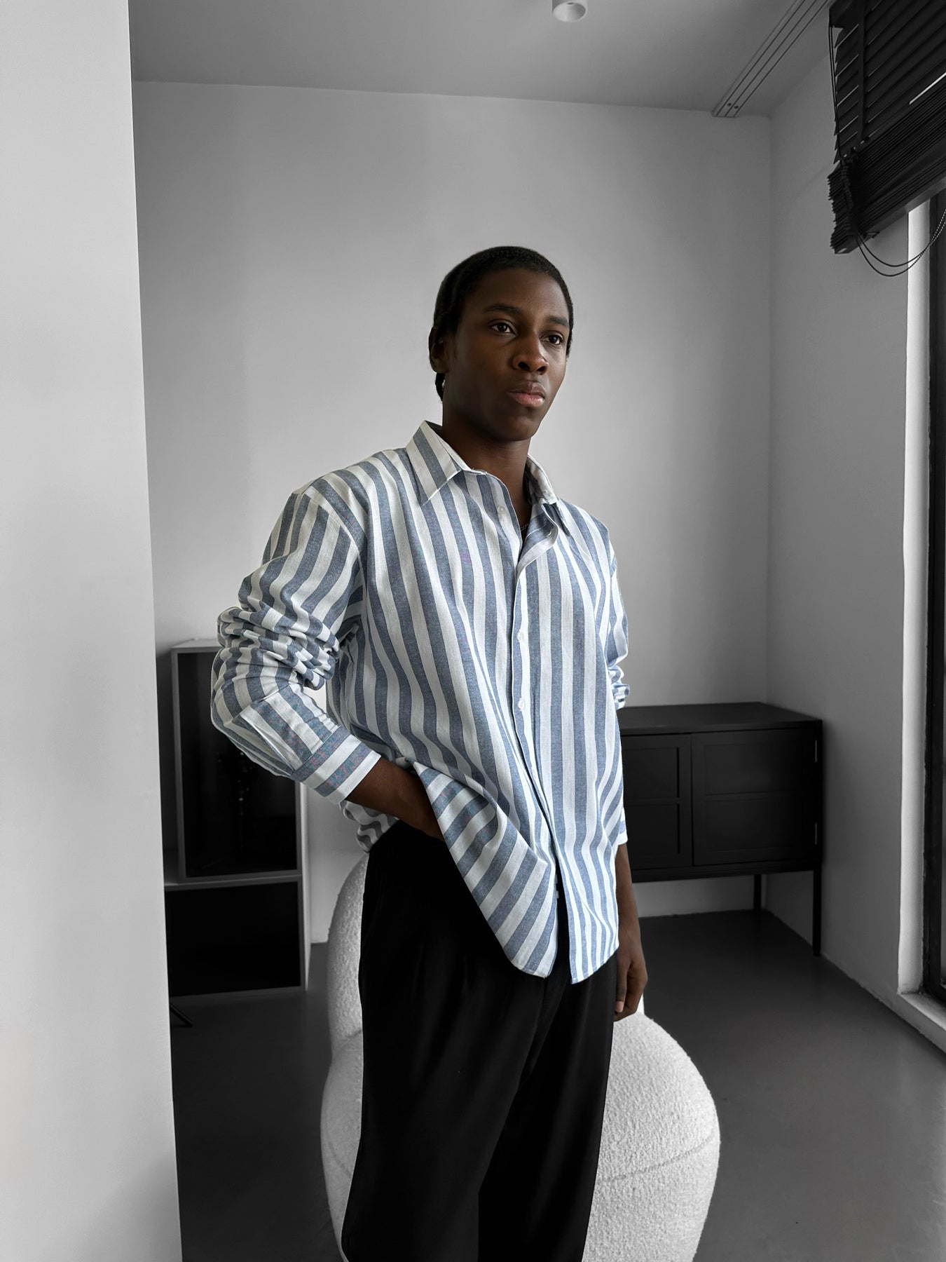 Oversize Cotton Striped Shirt - Navy Blue