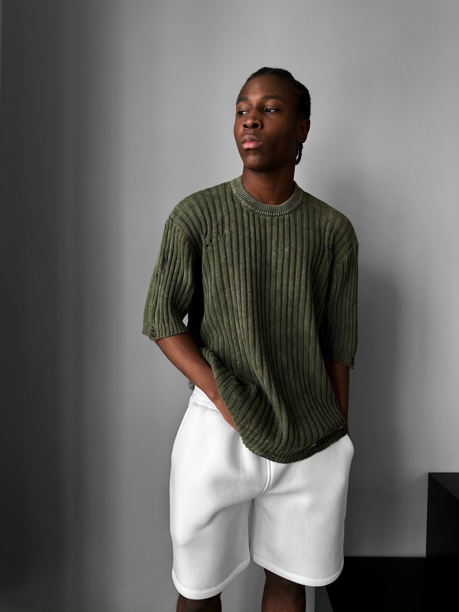 Oversize Torn Washed Knit T-shirt - Khaki