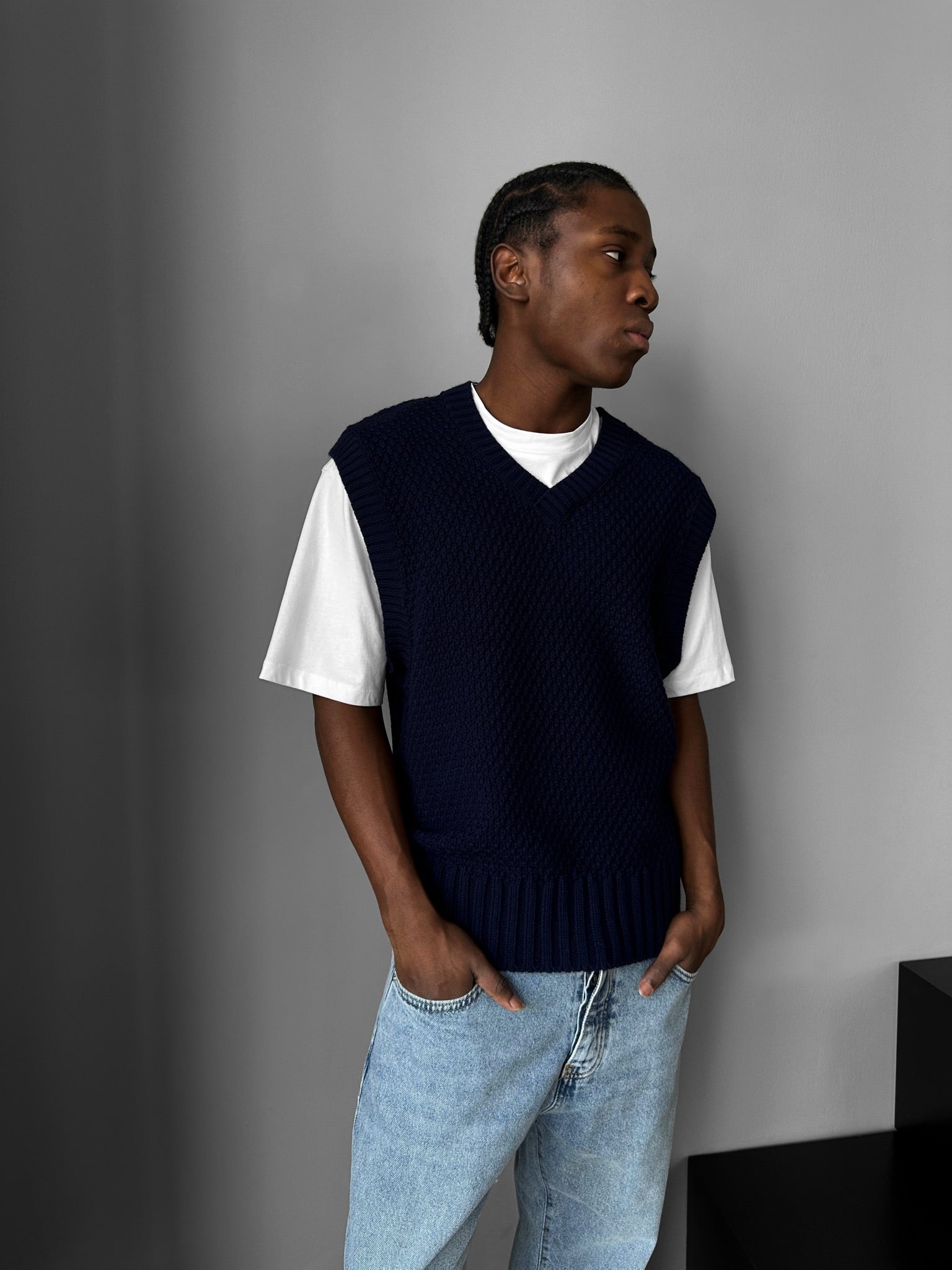 Loose Fit Knotted V Neck Pullunder - Blue