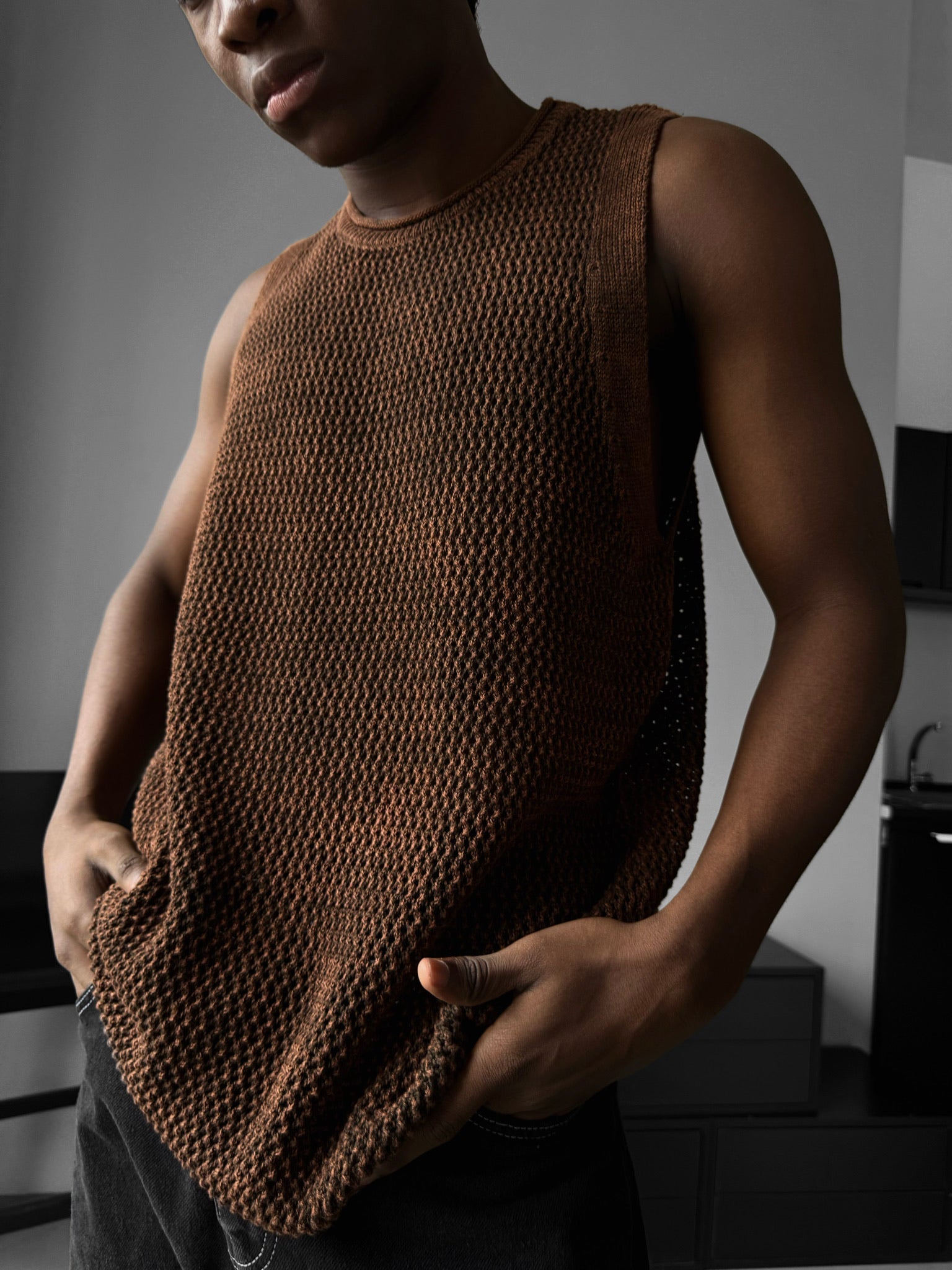 Oversize Washed Knit Tanktop - Brown