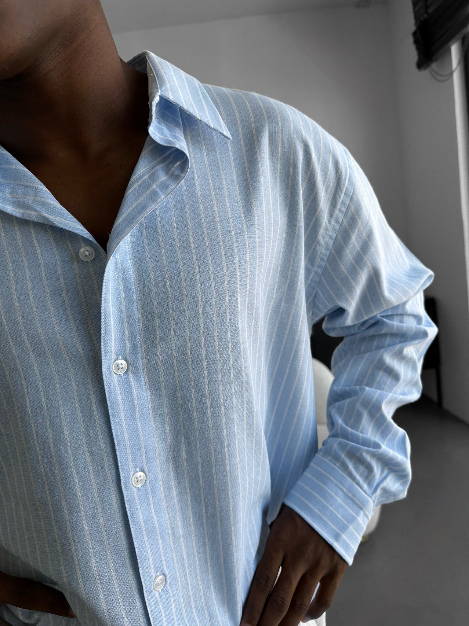 Oversize Cotton Thin Striped Shirt - Babyblue