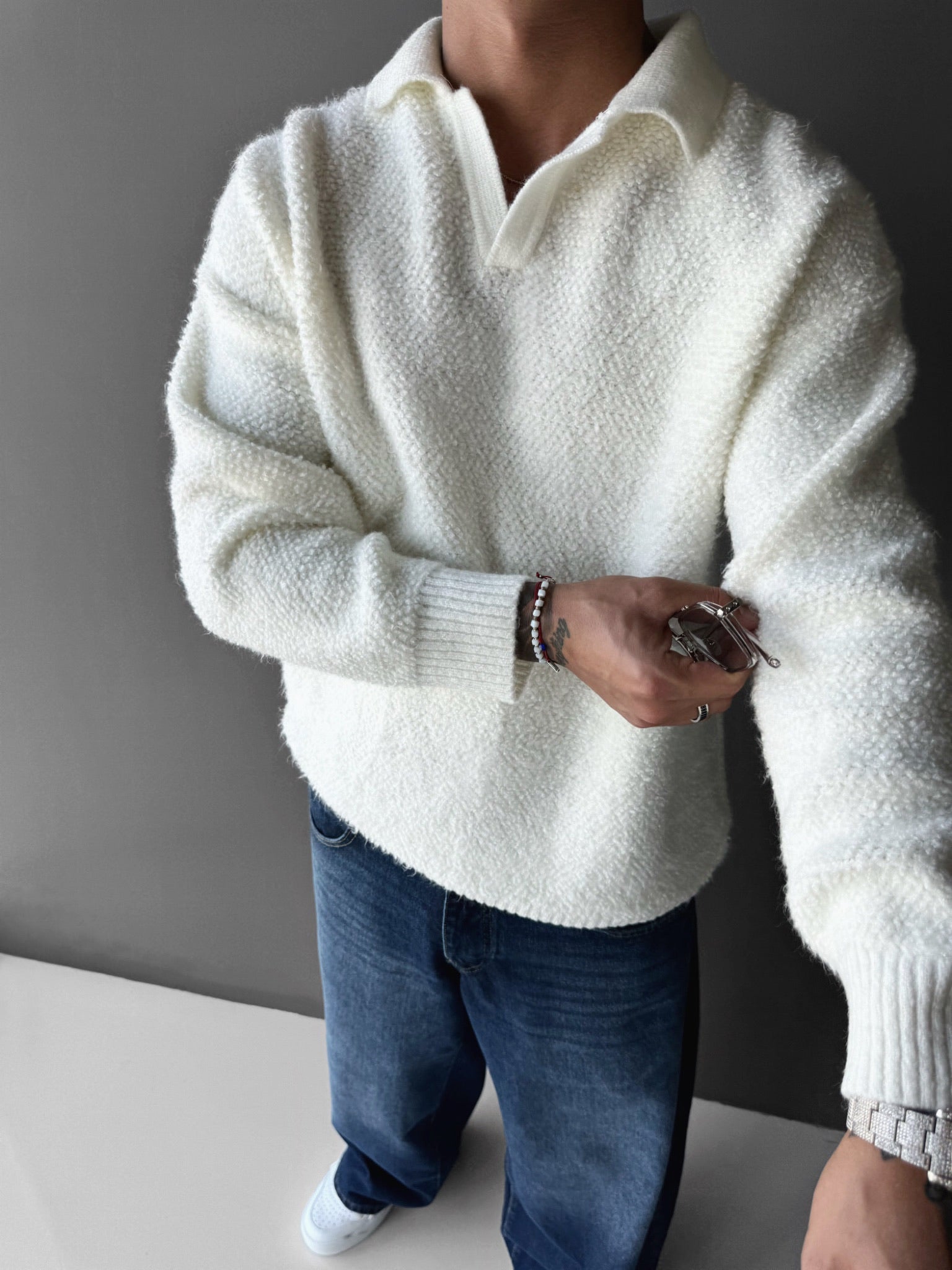 Knit Collar Brushed Pullover - Ecru