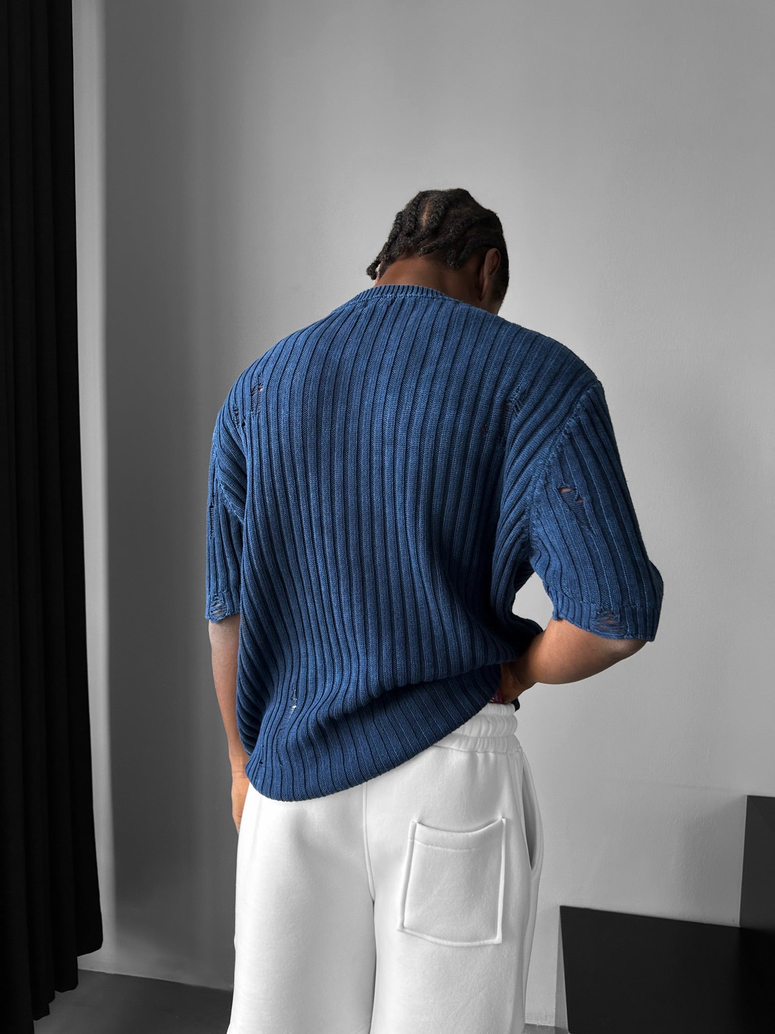 Oversize Torn Washed Knit T-shirt - Blue