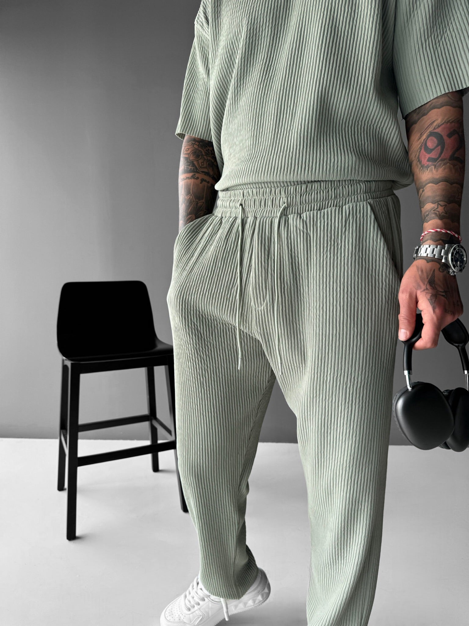 Loose Fit Ribbed Trousers - Green