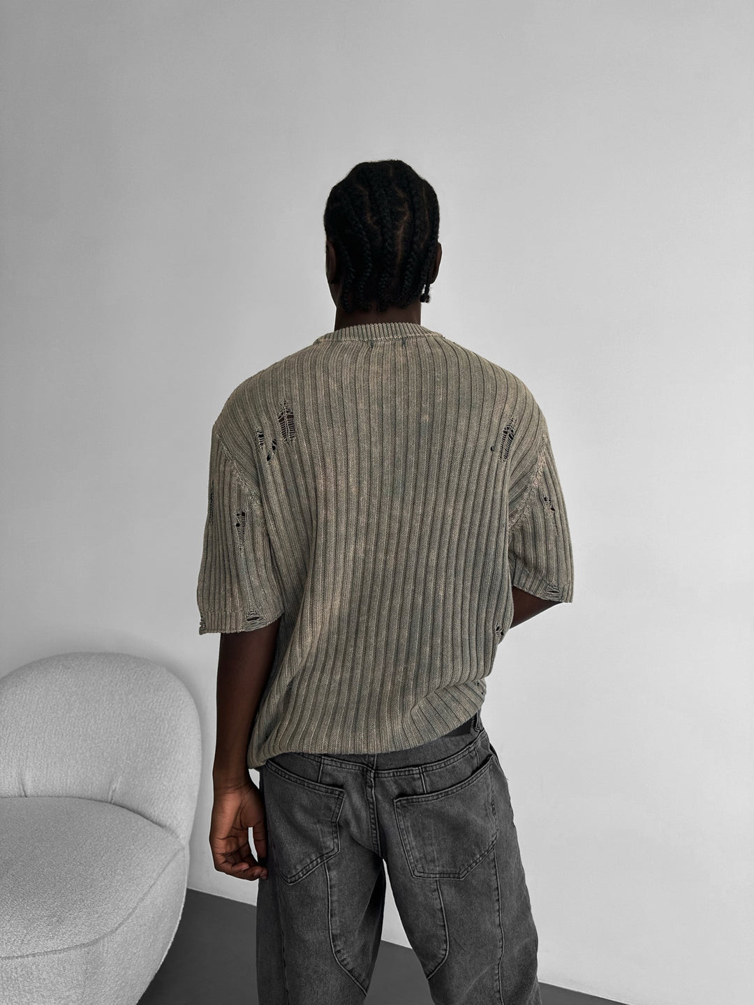 Oversize Torn Washed Knit T-shirt - Stone