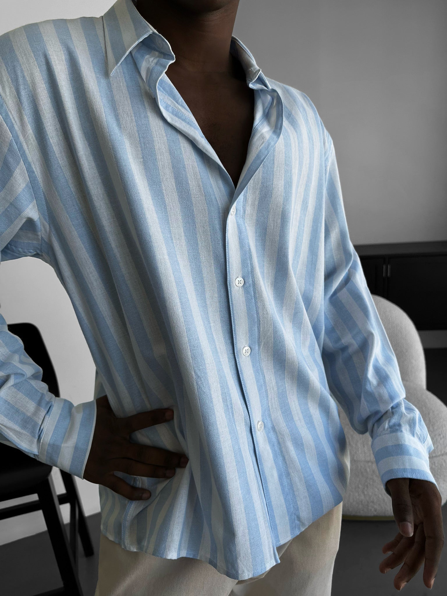 Oversize Cotton Striped Shirt - Babyblue