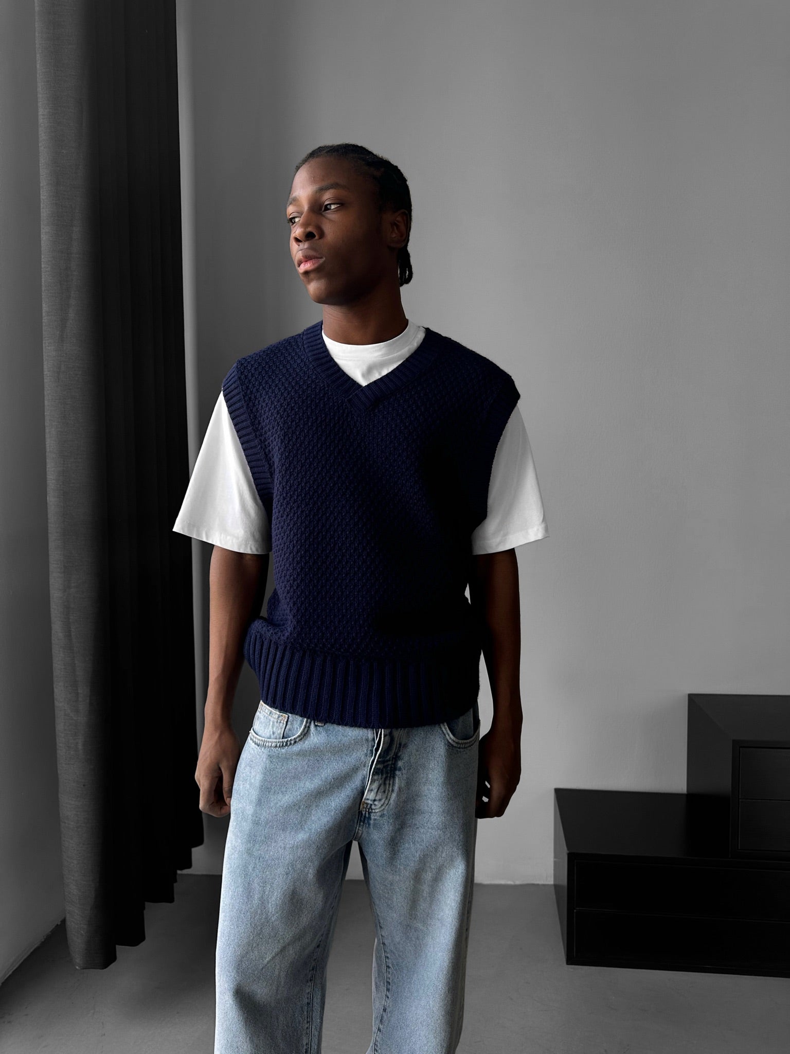Loose Fit Knotted V Neck Pullunder - Blue
