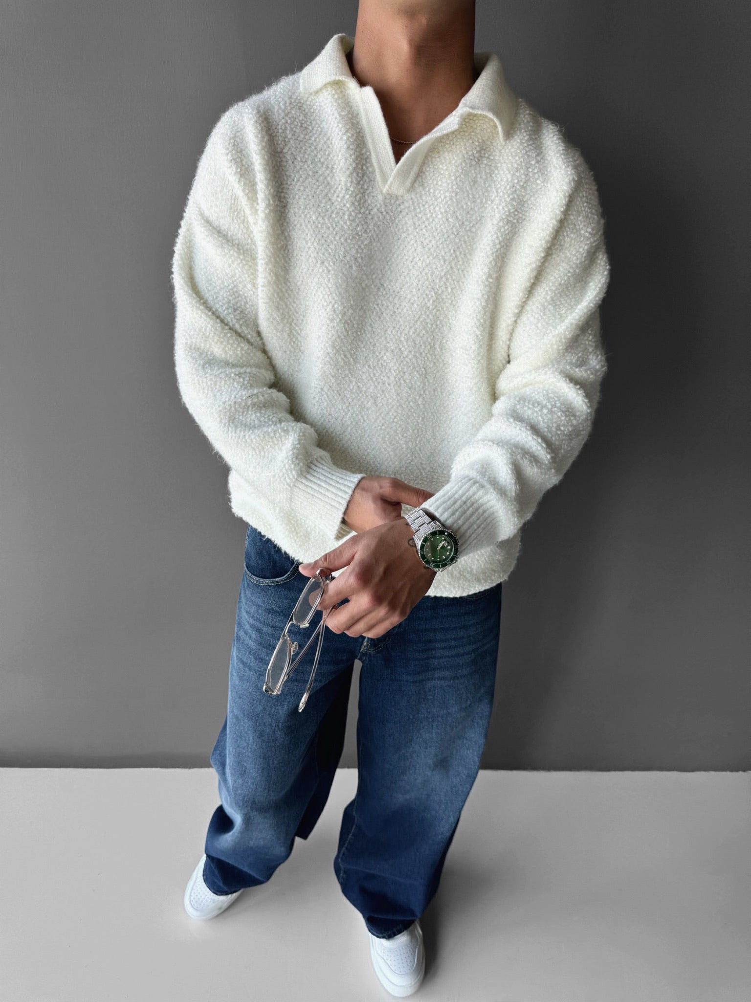 Knit Collar Brushed Pullover - Ecru