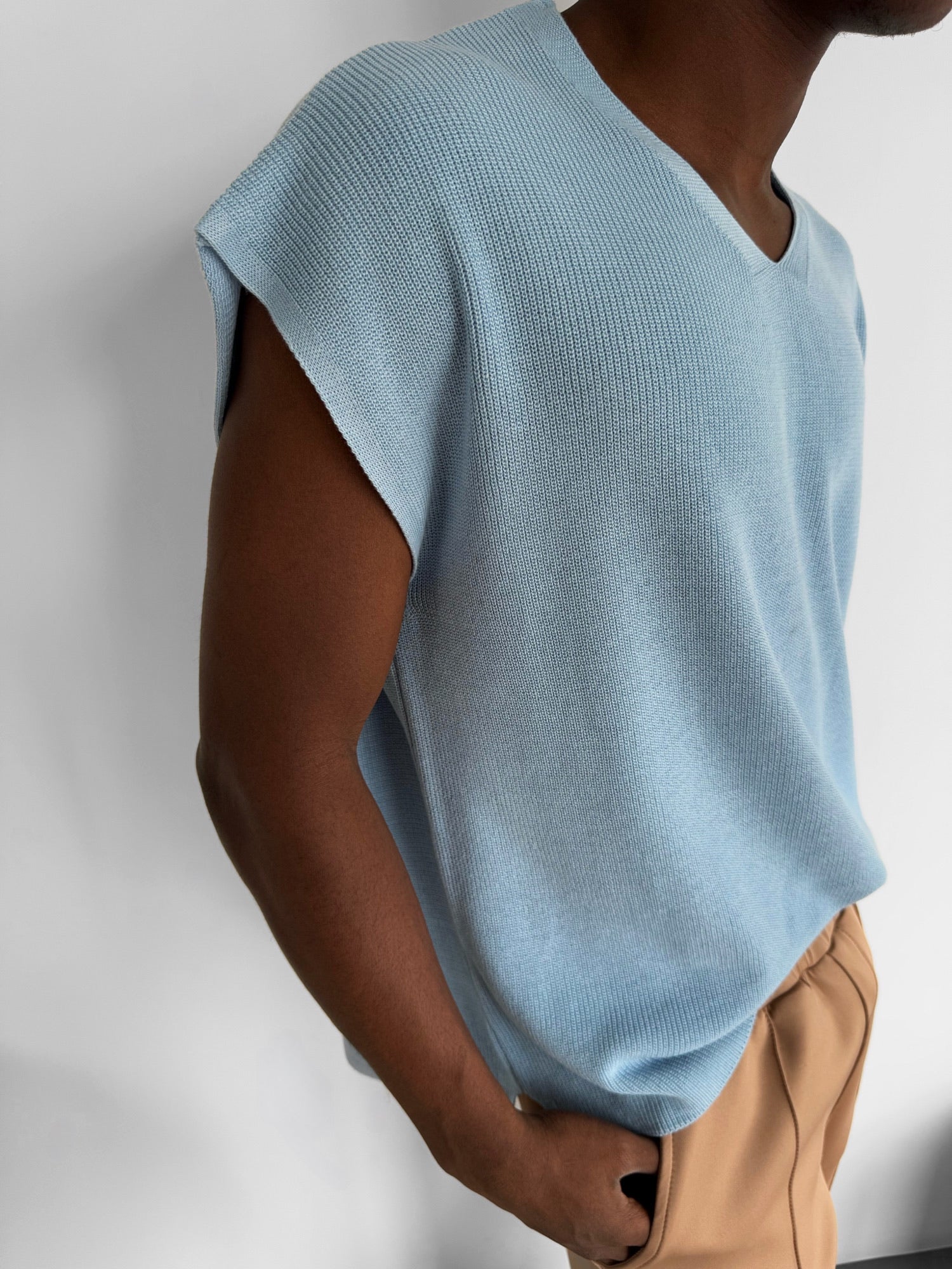 Loose Fit Knotted V Neck Pullunder - Babyblue