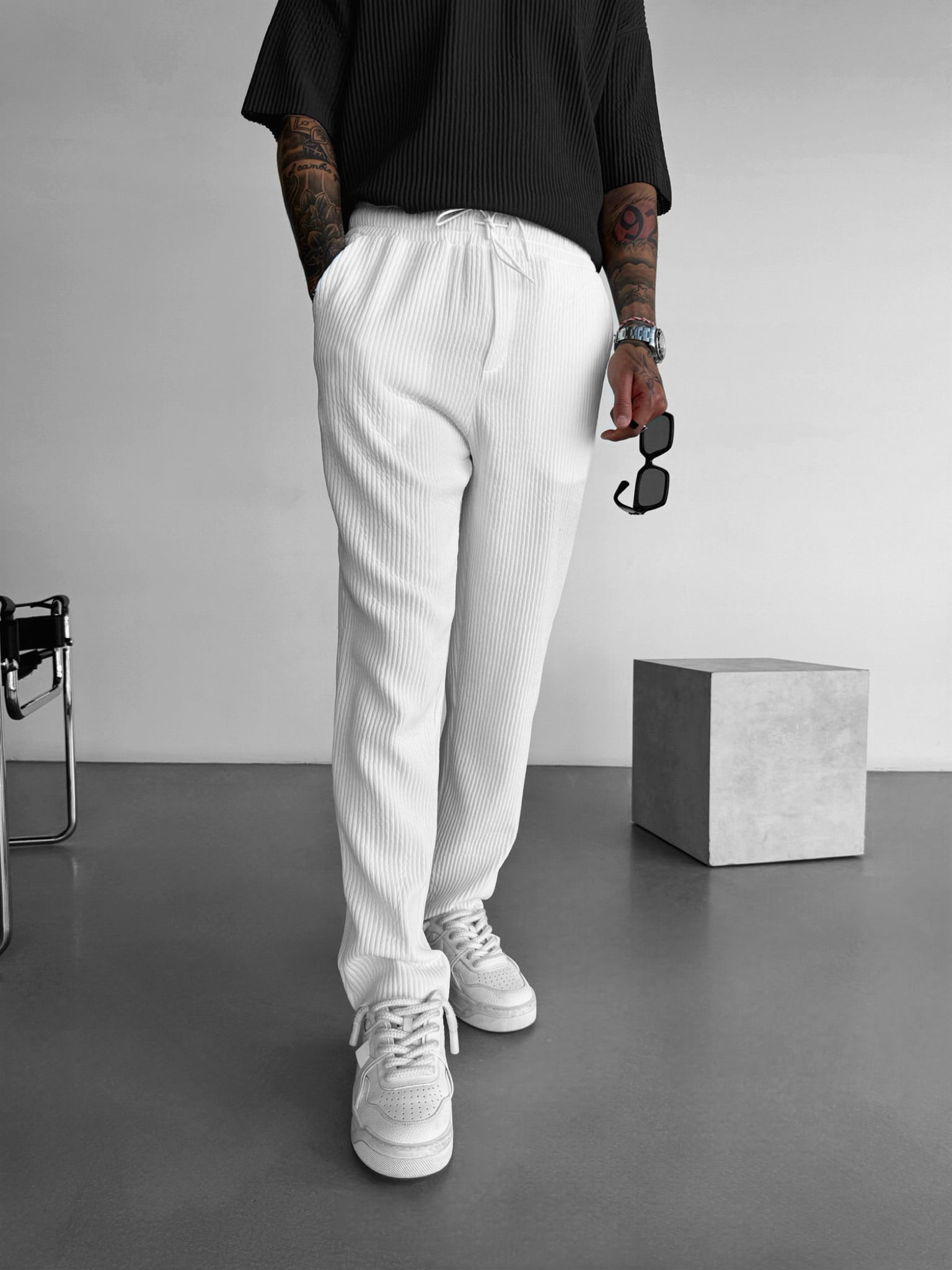 Loose Fit Ribbed Trousers - White
