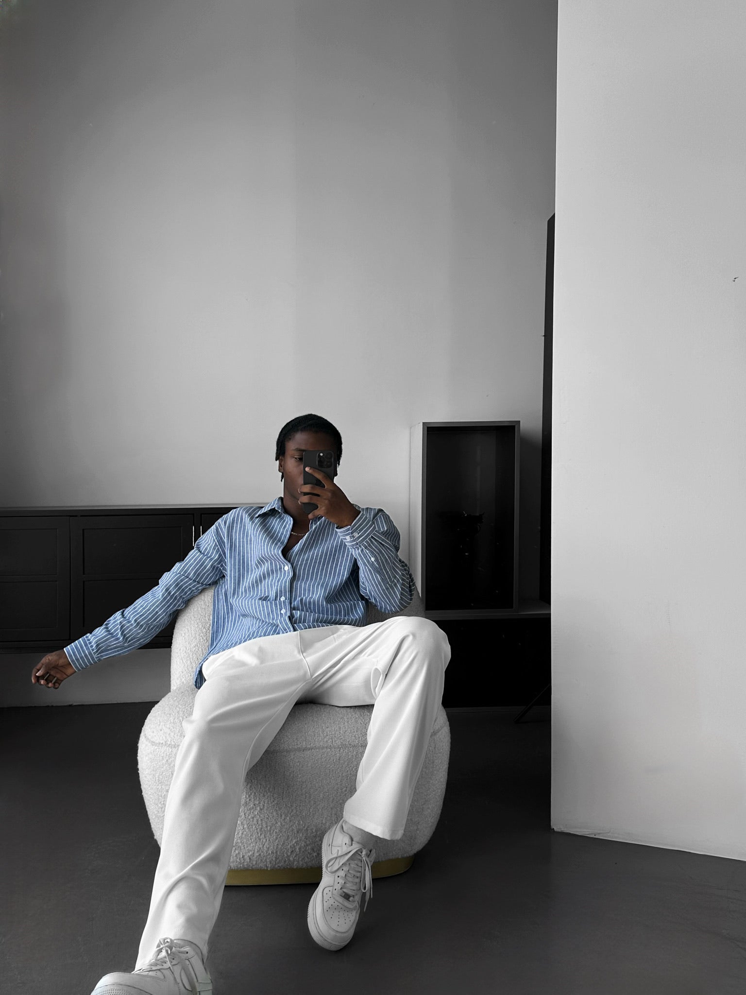 Oversize Cotton Thin Striped Shirt - Navy Blue