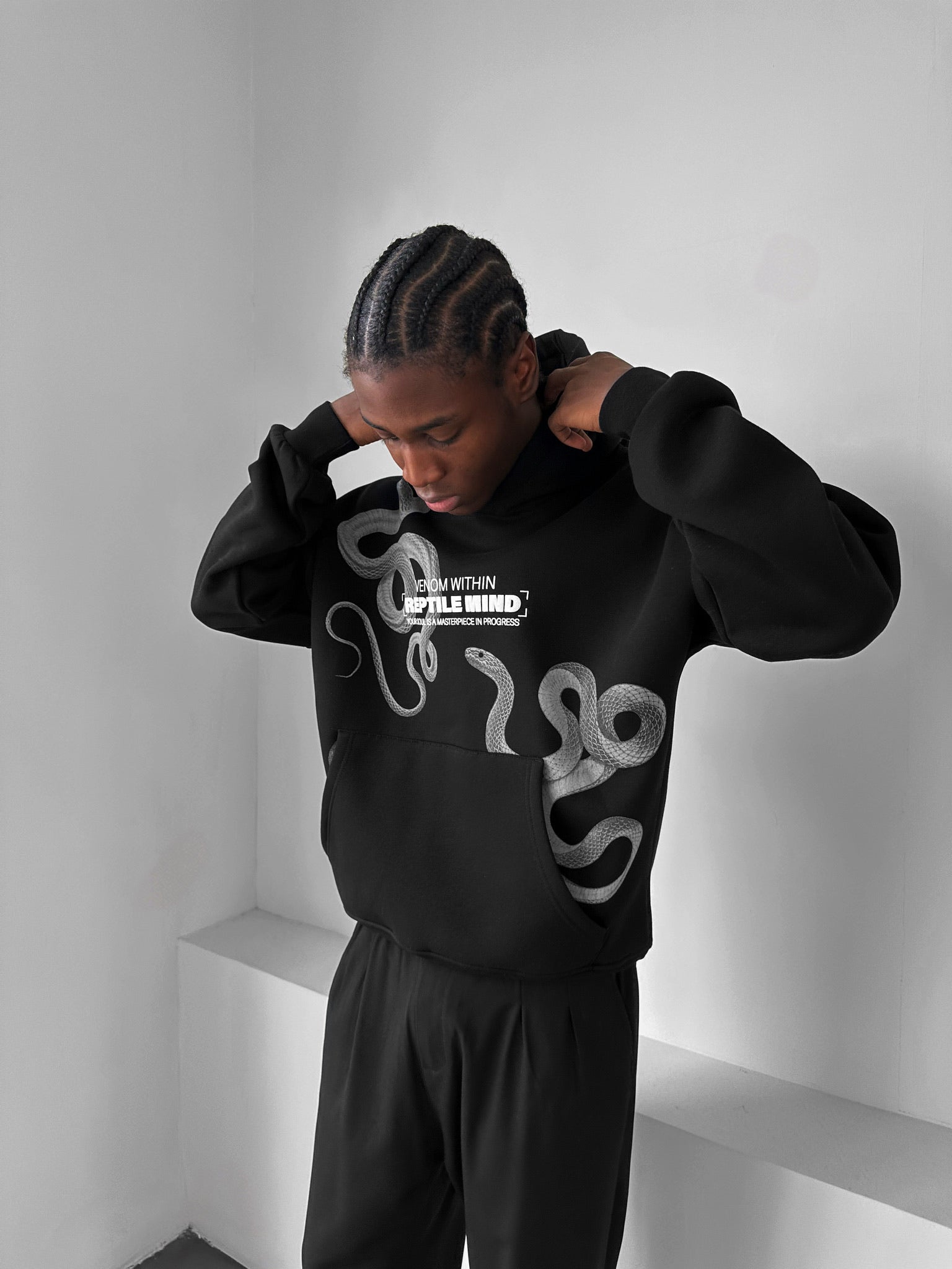 Oversize Detailed Snake Hoodie - Black