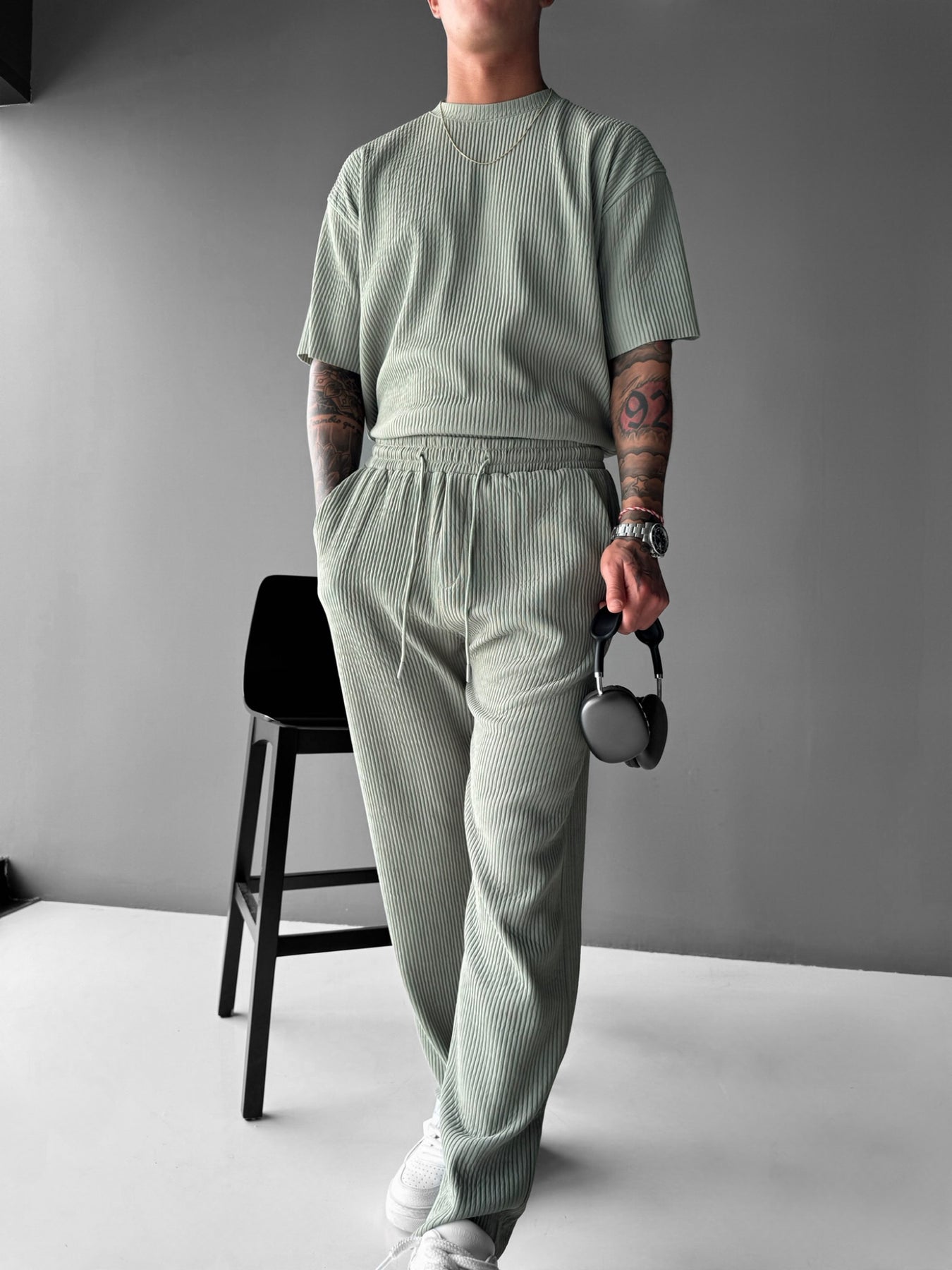 Loose Fit Ribbed Trousers - Green