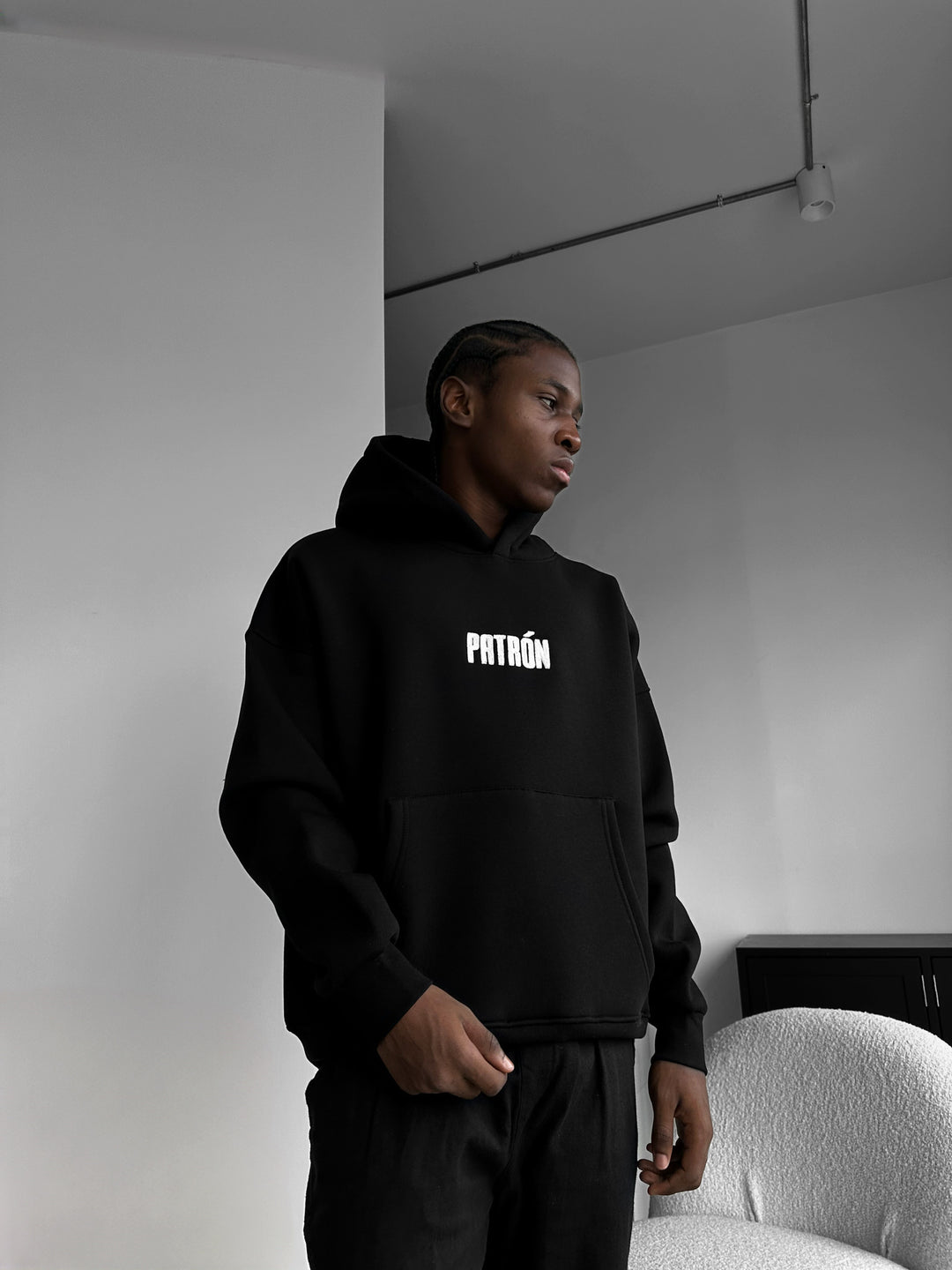 Oversize Detailed Patron Hoodie - Black and White