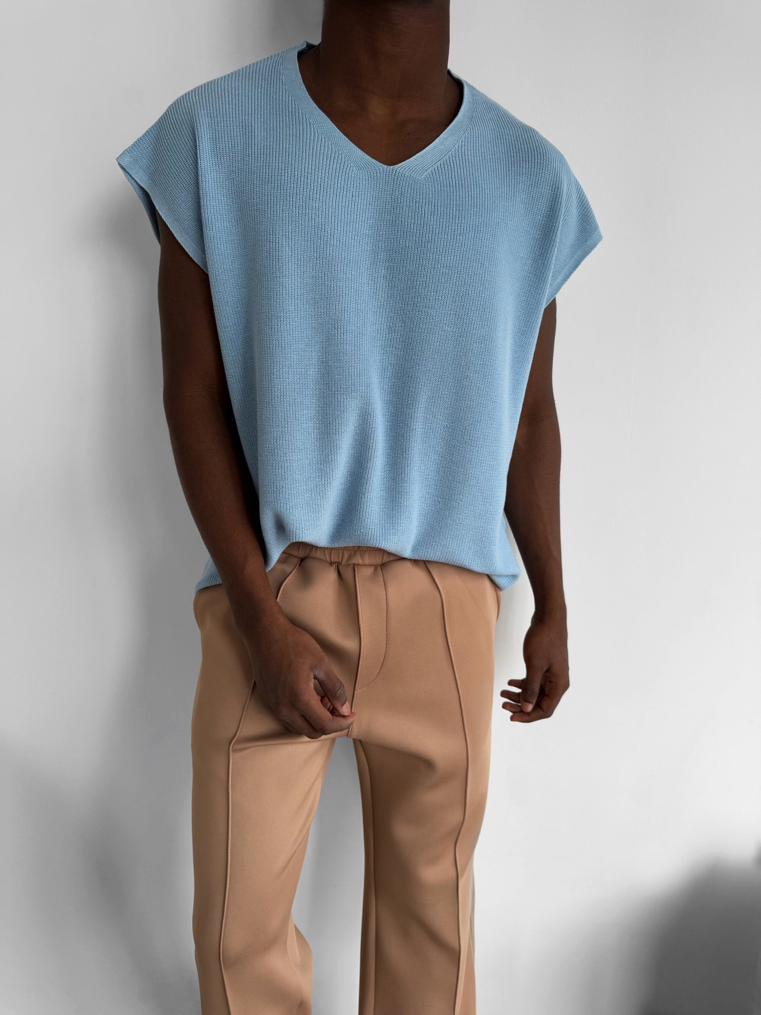 Loose Fit Knotted V Neck Pullunder - Babyblue