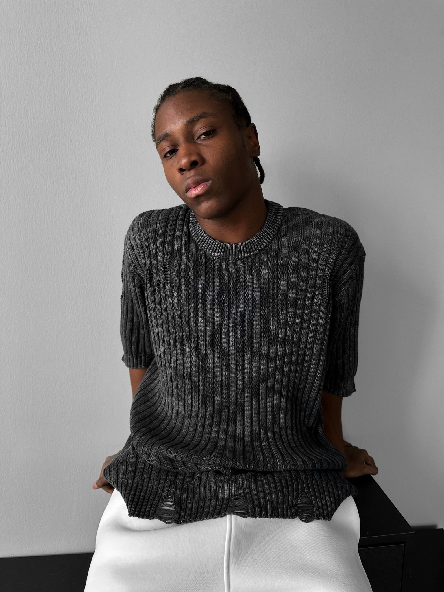 Oversize Torn Washed Knit T-shirt - Black