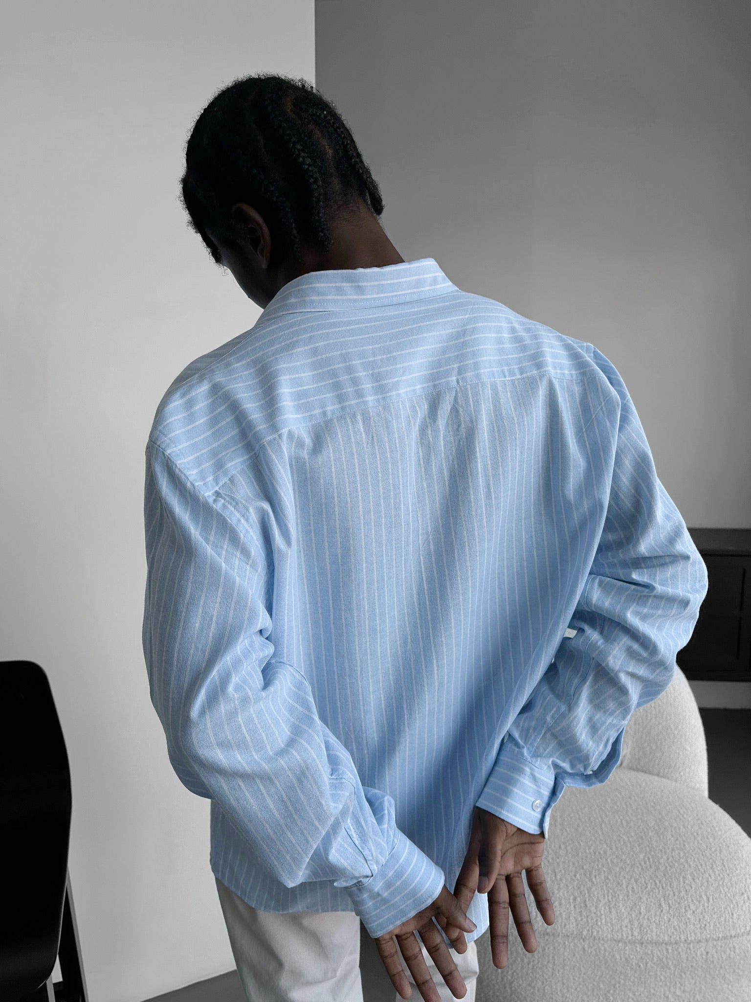Oversize Cotton Thin Striped Shirt - Babyblue