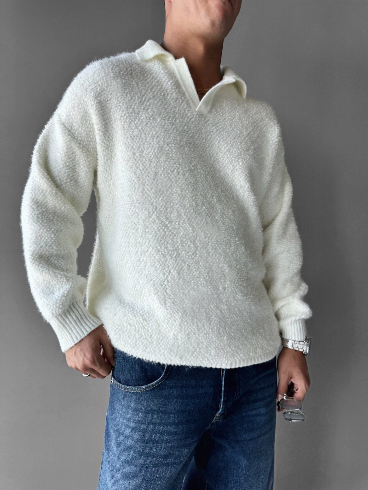 Knit Collar Brushed Pullover - Ecru