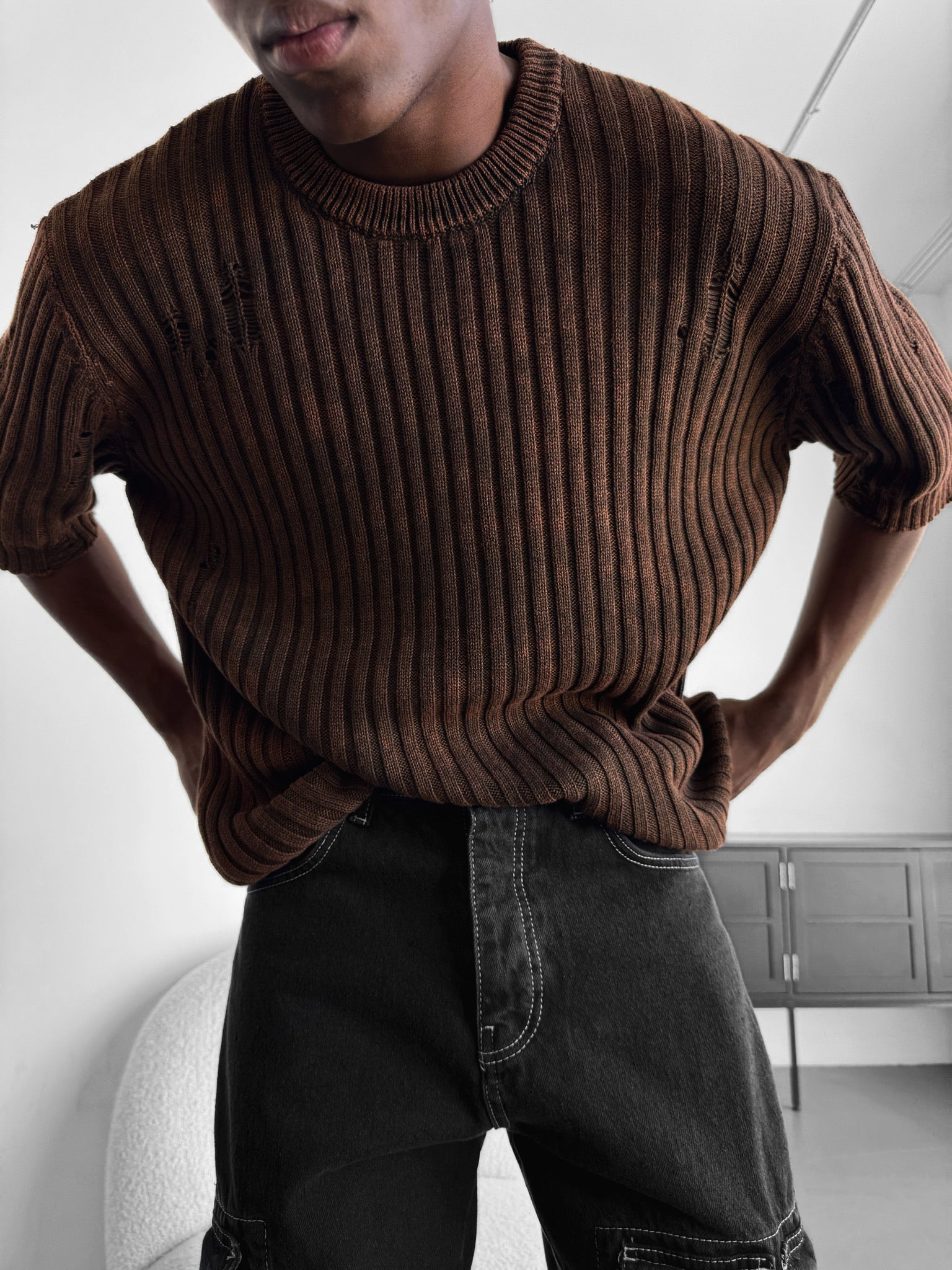 Oversize Torn Washed Knit T-shirt - Brown