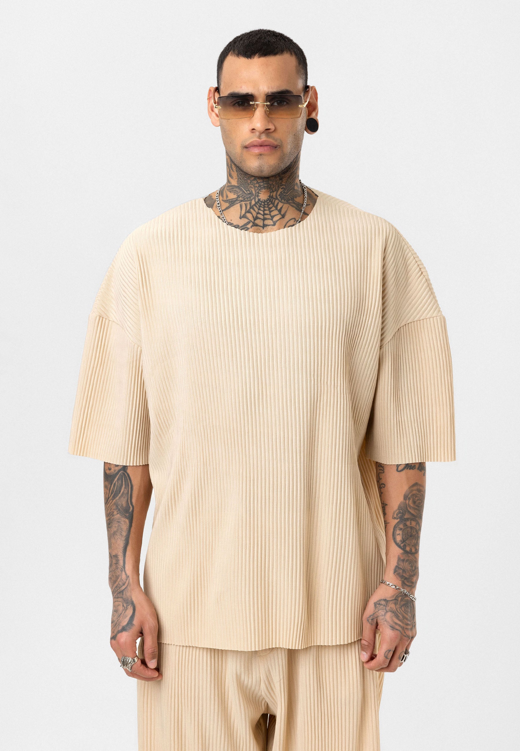 Beige Ribbed Oversized T-Shirt Trendy Casual Look