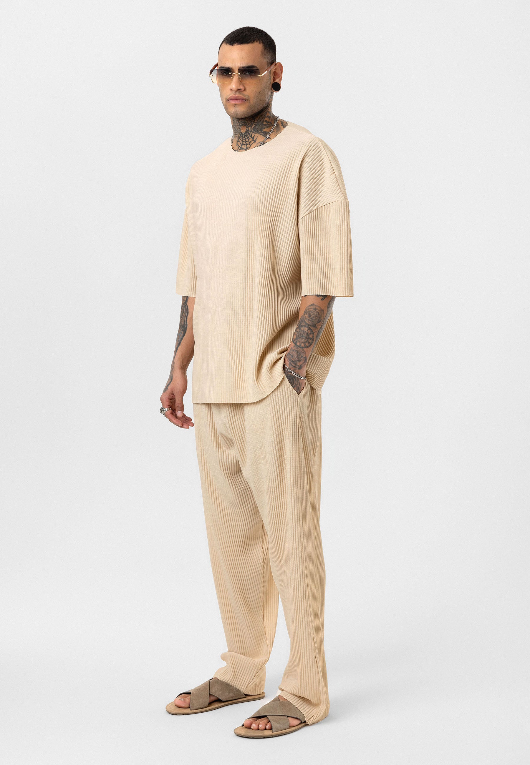 Beige Ribbed Oversized T-Shirt Trendy Casual Look