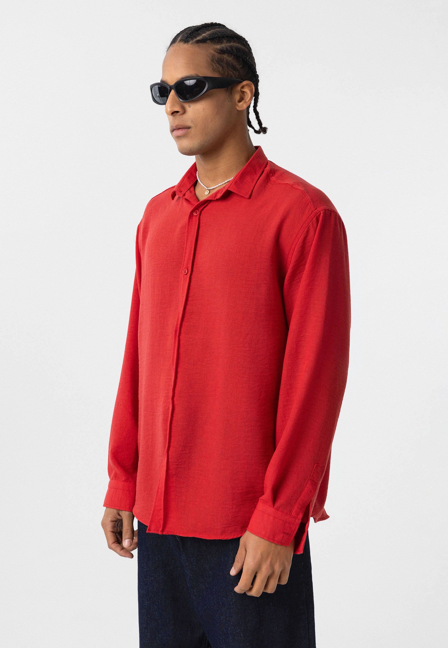 Vivid Red Relaxed Button-Up Shirt – Loose Fit Essential