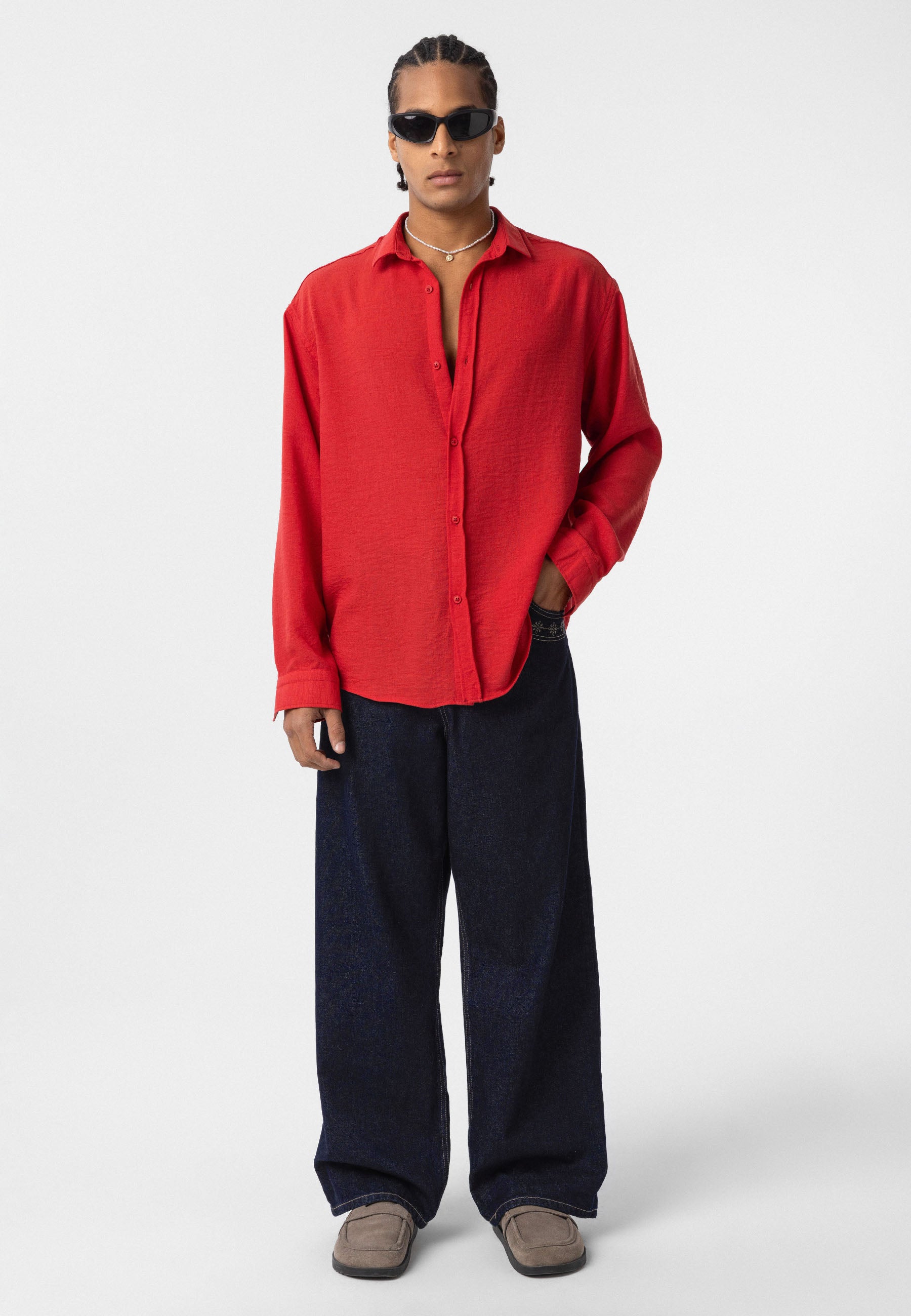 Vivid Red Relaxed Button-Up Shirt – Loose Fit Essential