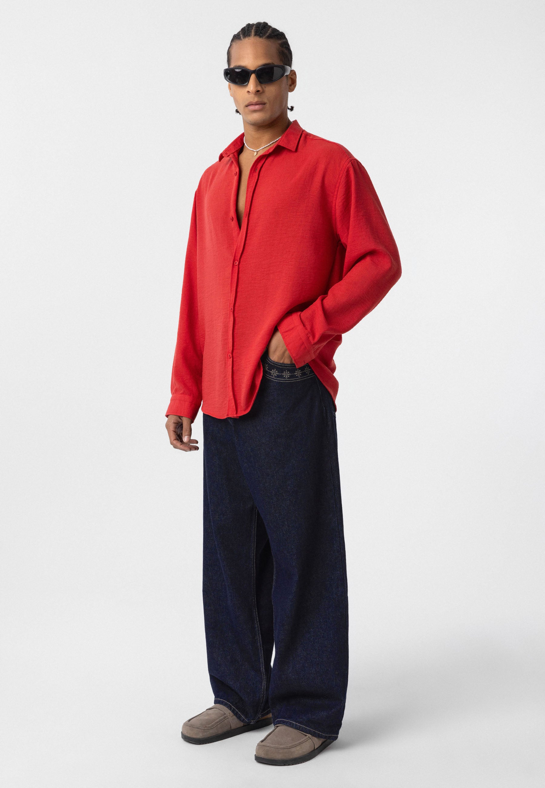 Vivid Red Relaxed Button-Up Shirt – Loose Fit Essential
