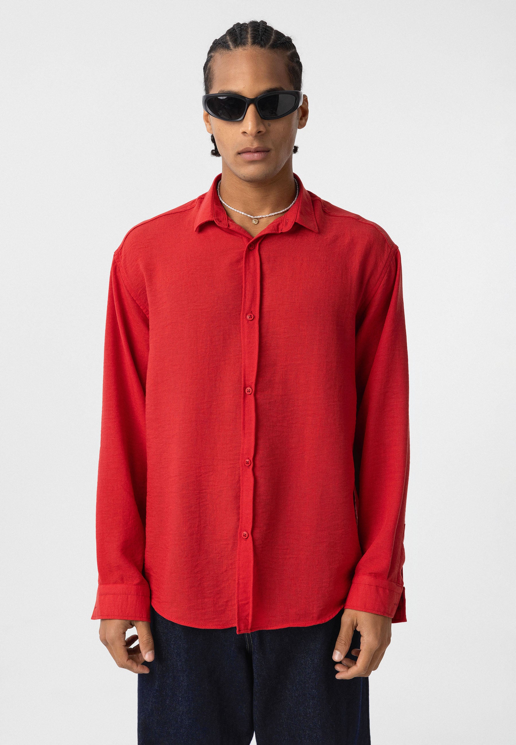 Vivid Red Relaxed Button-Up Shirt – Loose Fit Essential