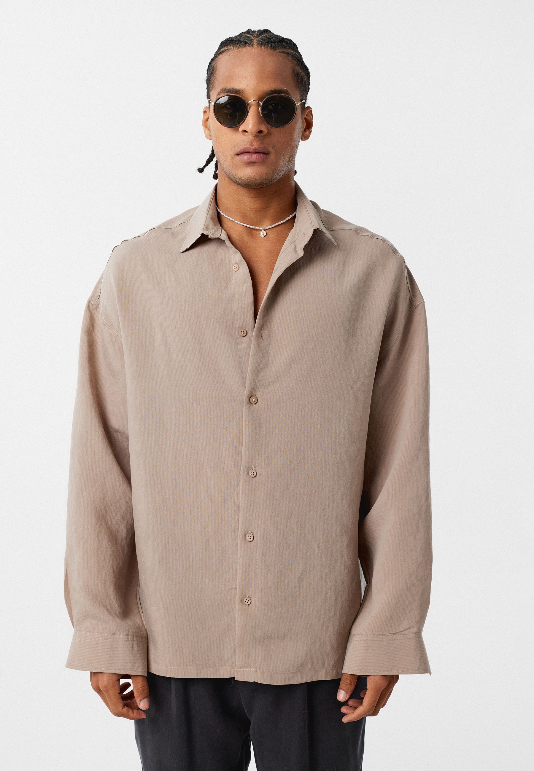Warm Stone Beige Oversized Long‑Sleeve Shirt – Effortless & Elevated Basics