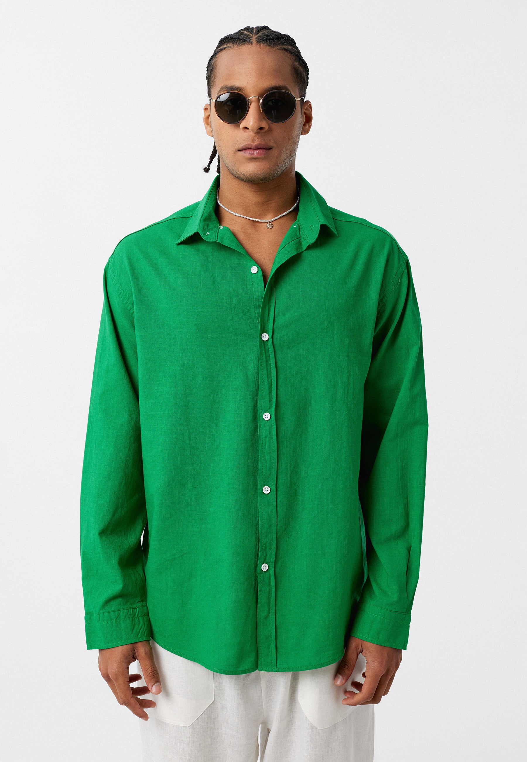 Olive Green Comfort Fit Button-Up Shirt – Soft Texture, Relaxed Vibe