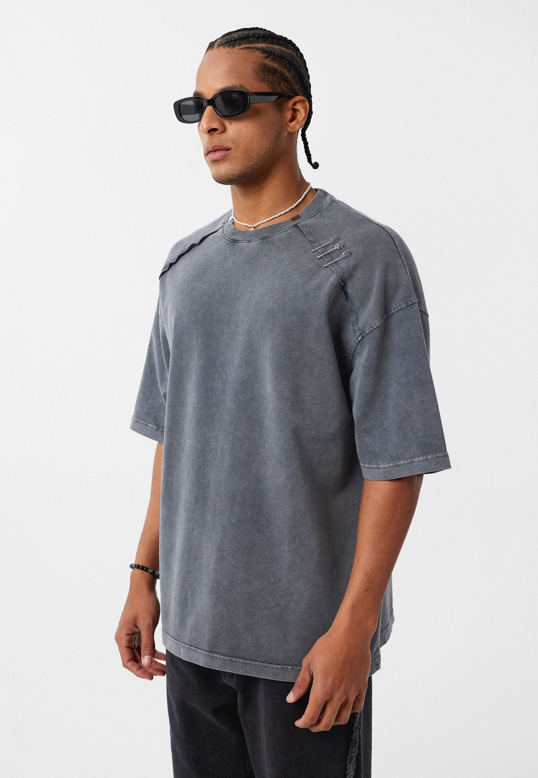 Oversized Washed Crew‑Neck T-shirts with Detail