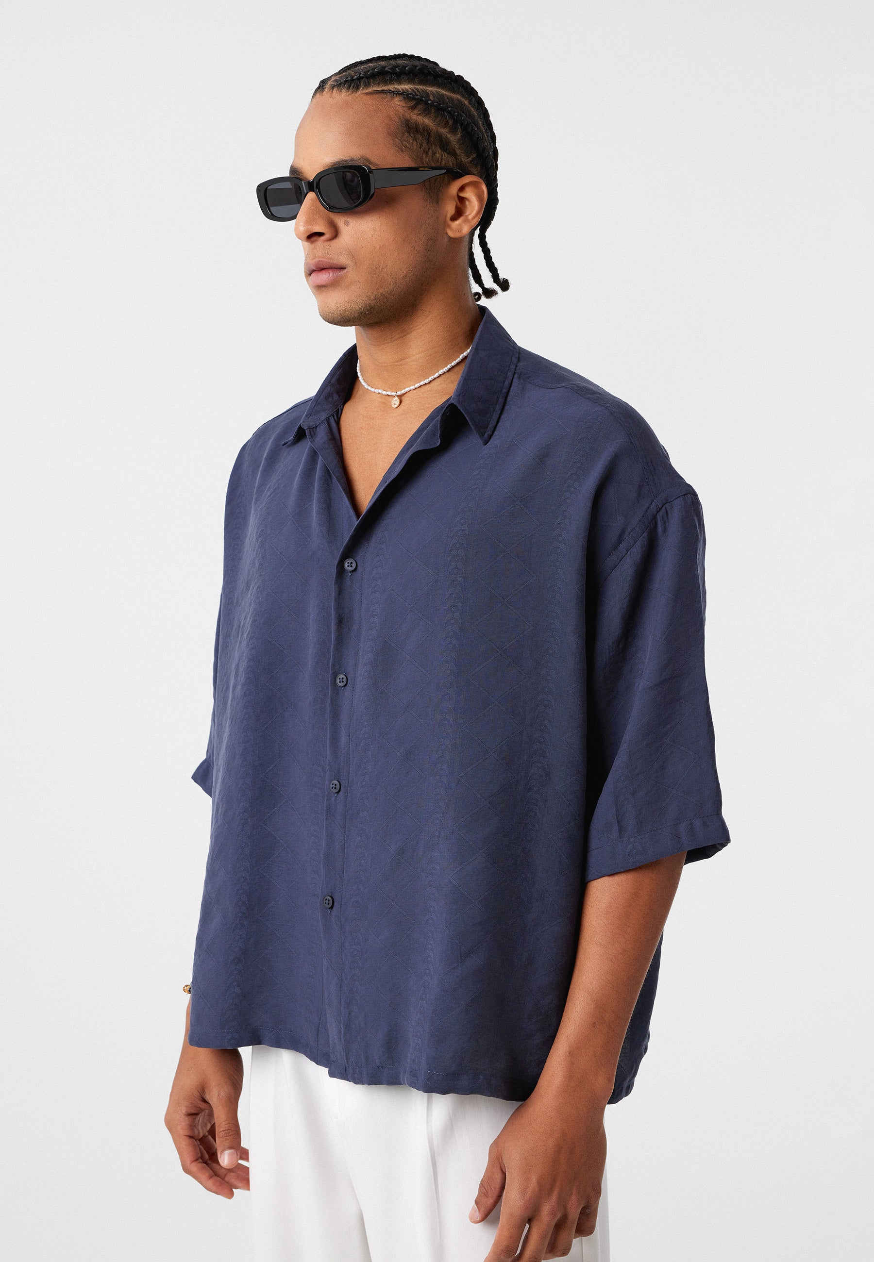 Navy Blue Oversized Short-Sleeve Linen Shirts