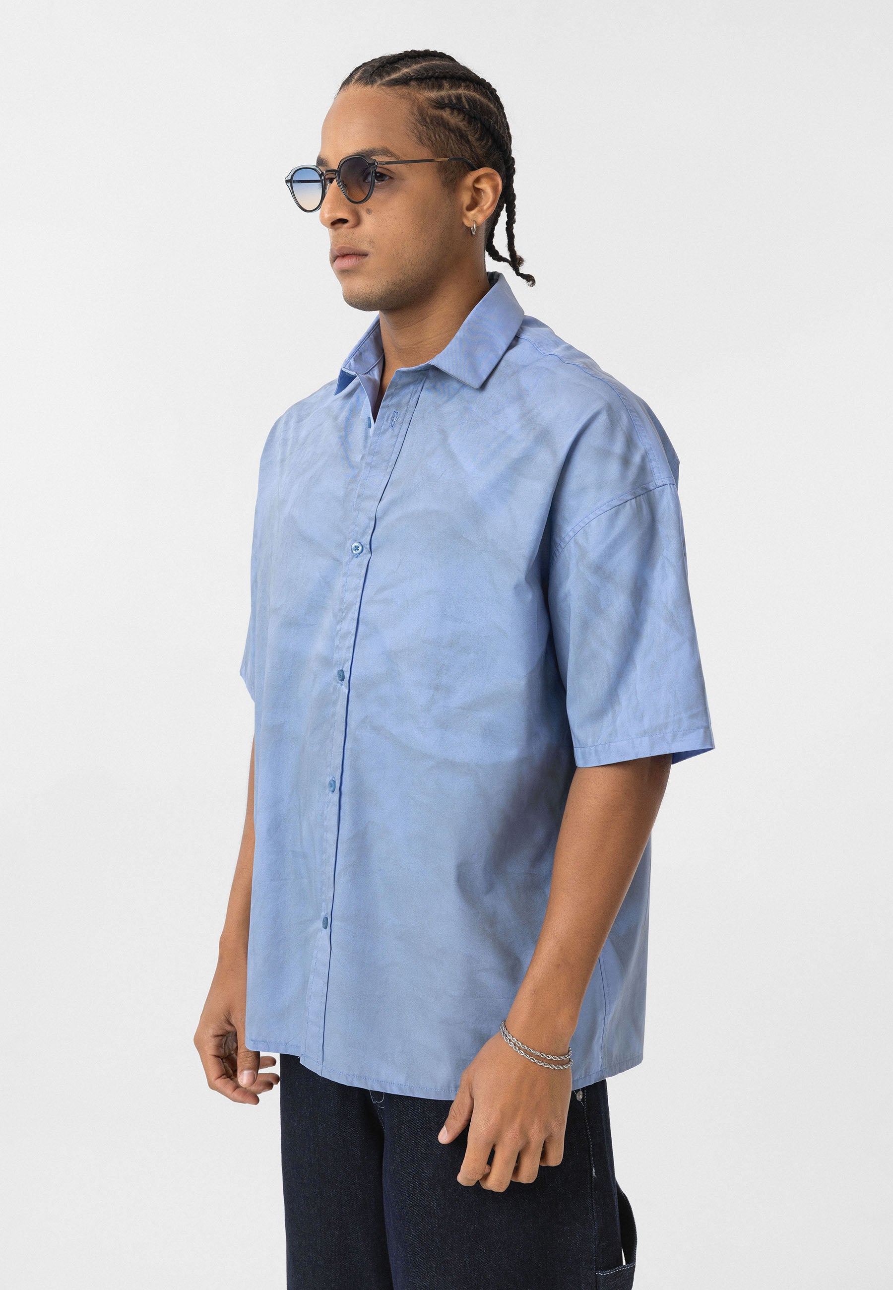 Soft Sky Blue Oversize Back-Printed Short Sleeve Shirt – Relaxed Streetwear Style