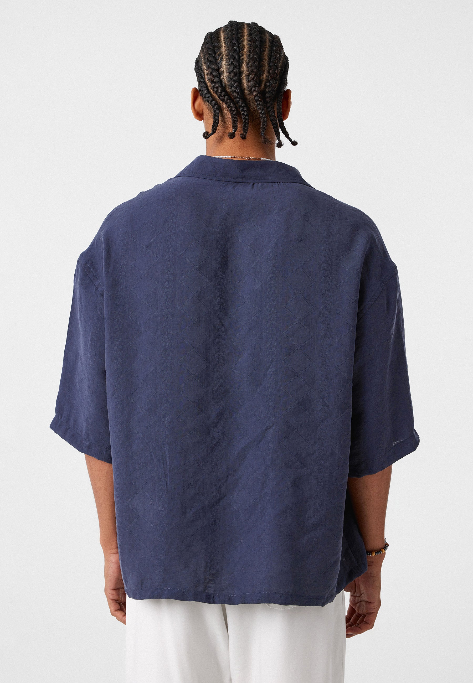 Navy Blue Oversized Short-Sleeve Linen Shirts