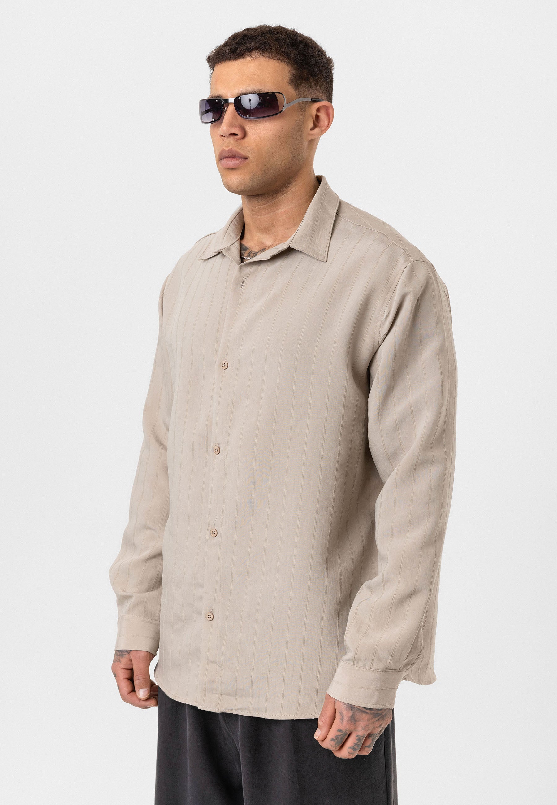 Stone Beige Button-Up Shirt – Relaxed Minimalist Fit