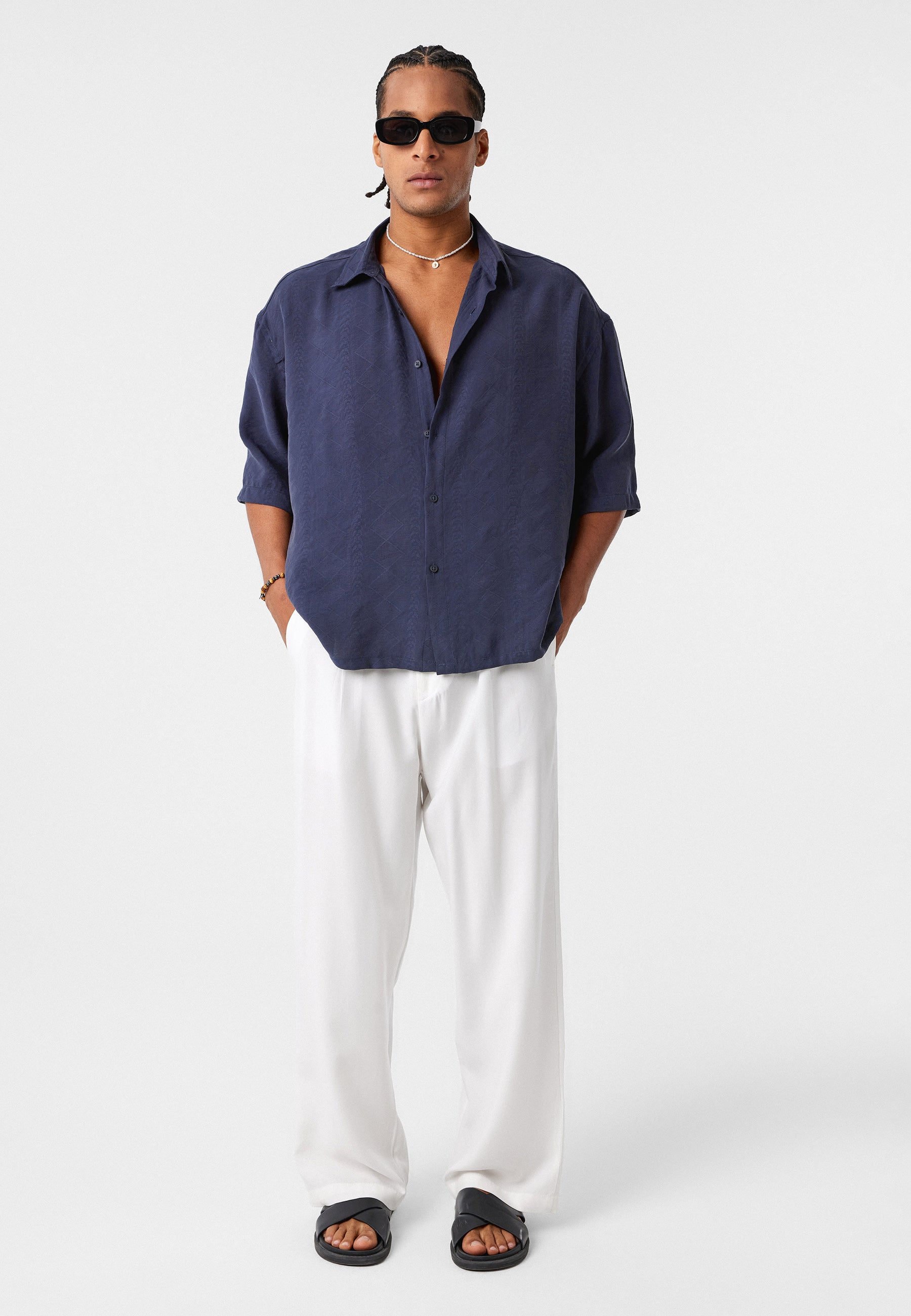 Navy Blue Oversized Short-Sleeve Linen Shirts