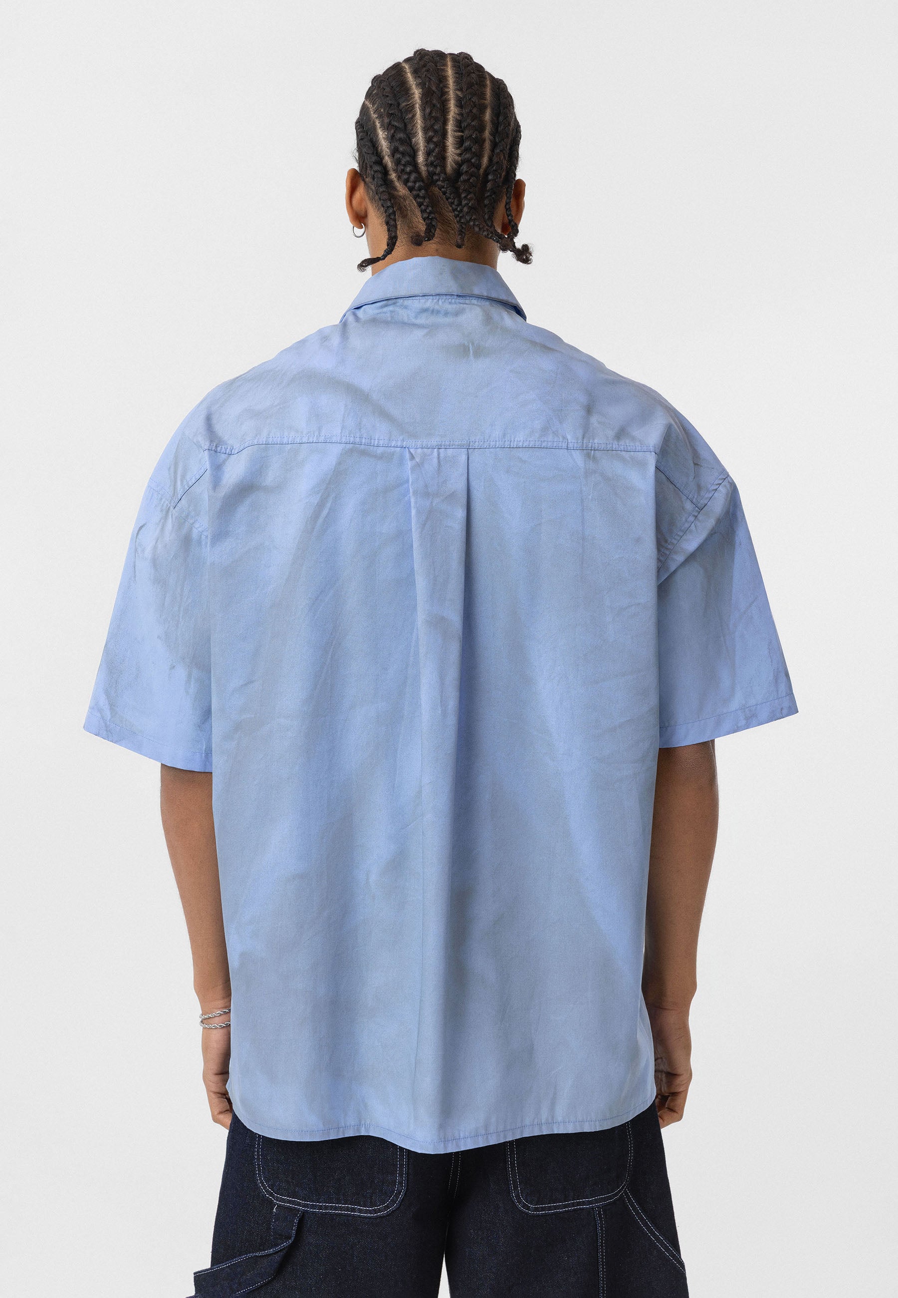 Soft Sky Blue Oversize Back-Printed Short Sleeve Shirt – Relaxed Streetwear Style