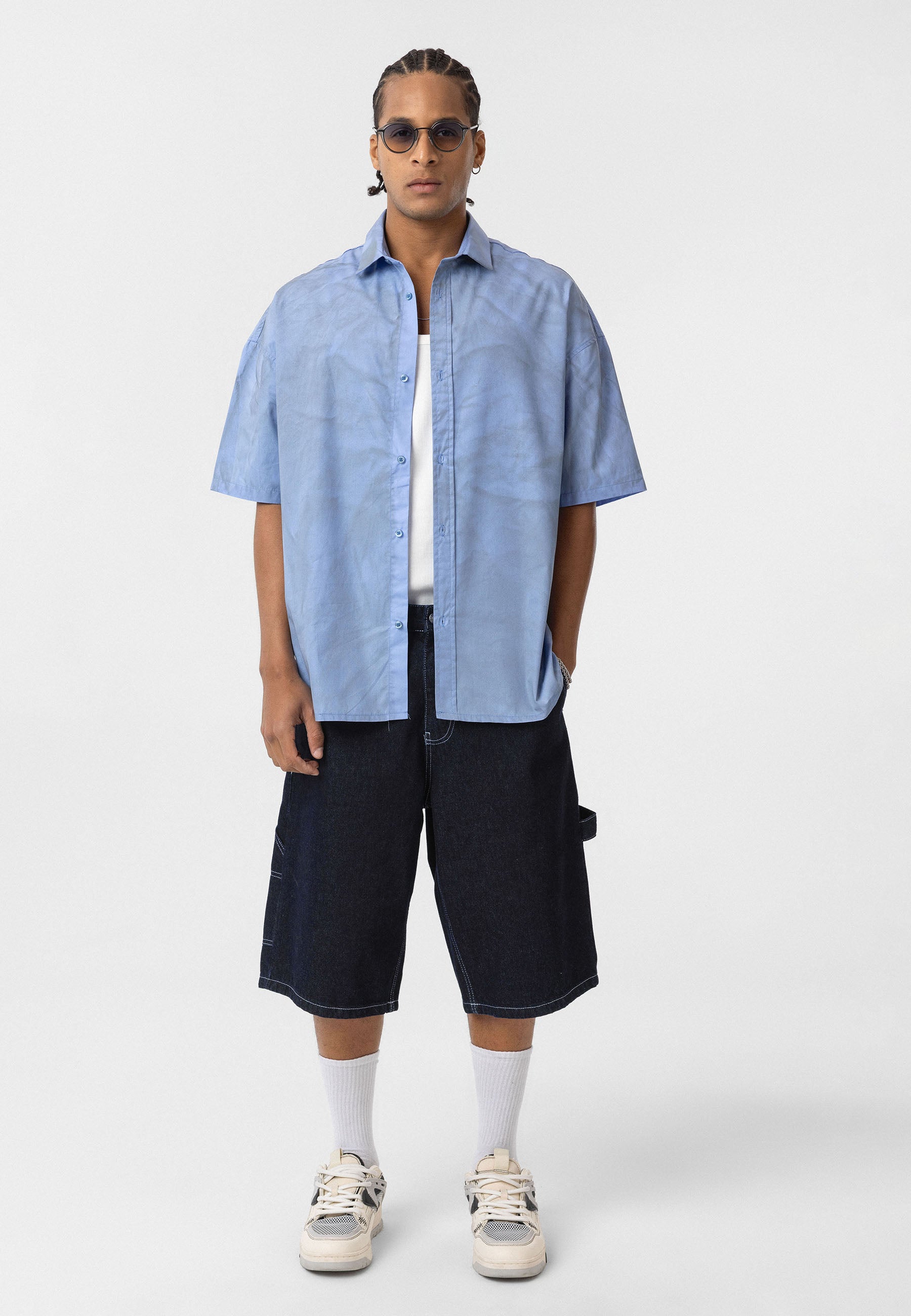 Soft Sky Blue Oversize Back-Printed Short Sleeve Shirt – Relaxed Streetwear Style