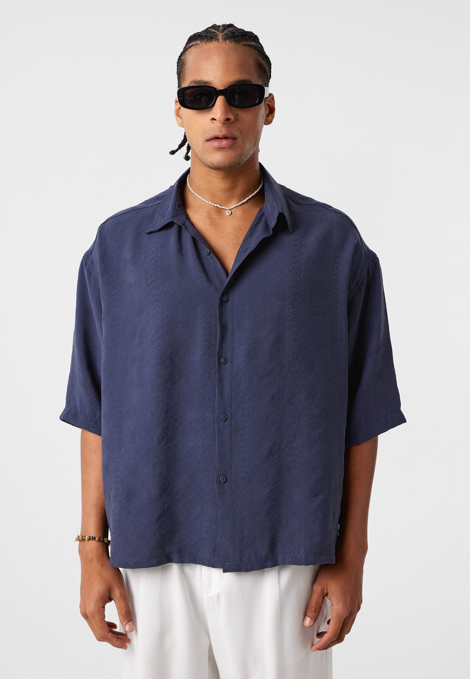 Navy Blue Oversized Short-Sleeve Linen Shirts