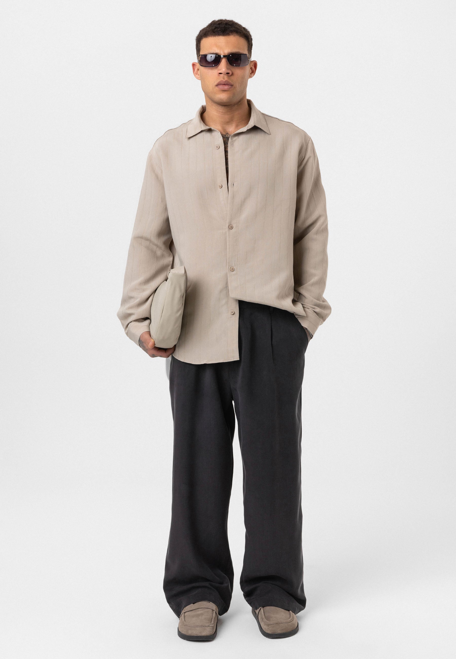 Stone Beige Button-Up Shirt – Relaxed Minimalist Fit