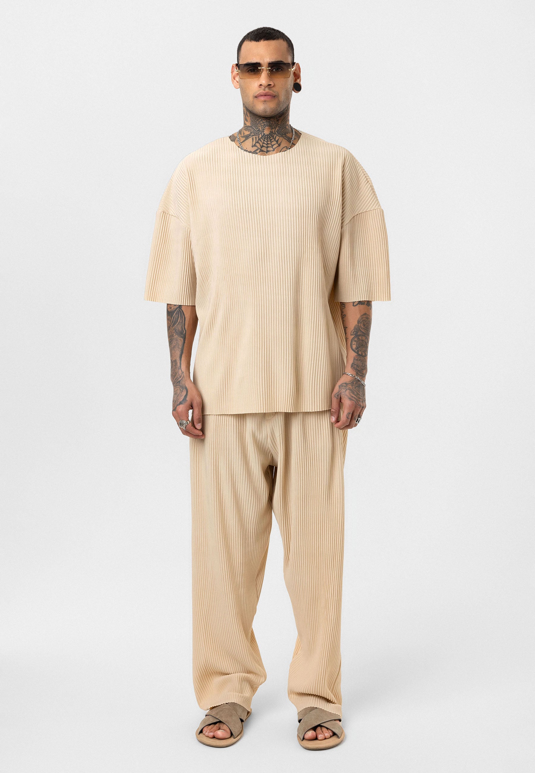 Beige Ribbed Oversized T-Shirt Trendy Casual Look