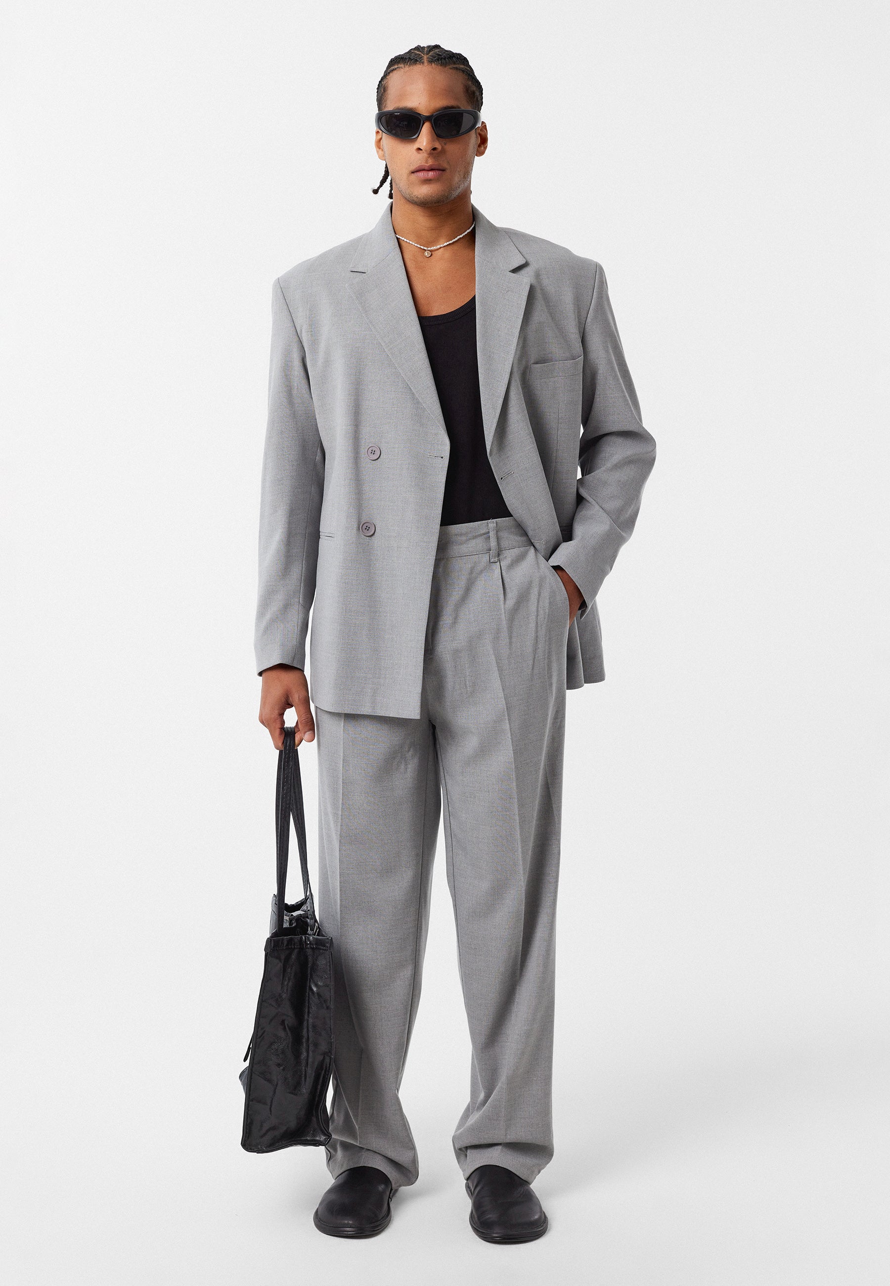 Oversized Double Breasted Blazer sets in Grey Modern Relaxed Fit Suit Jacket