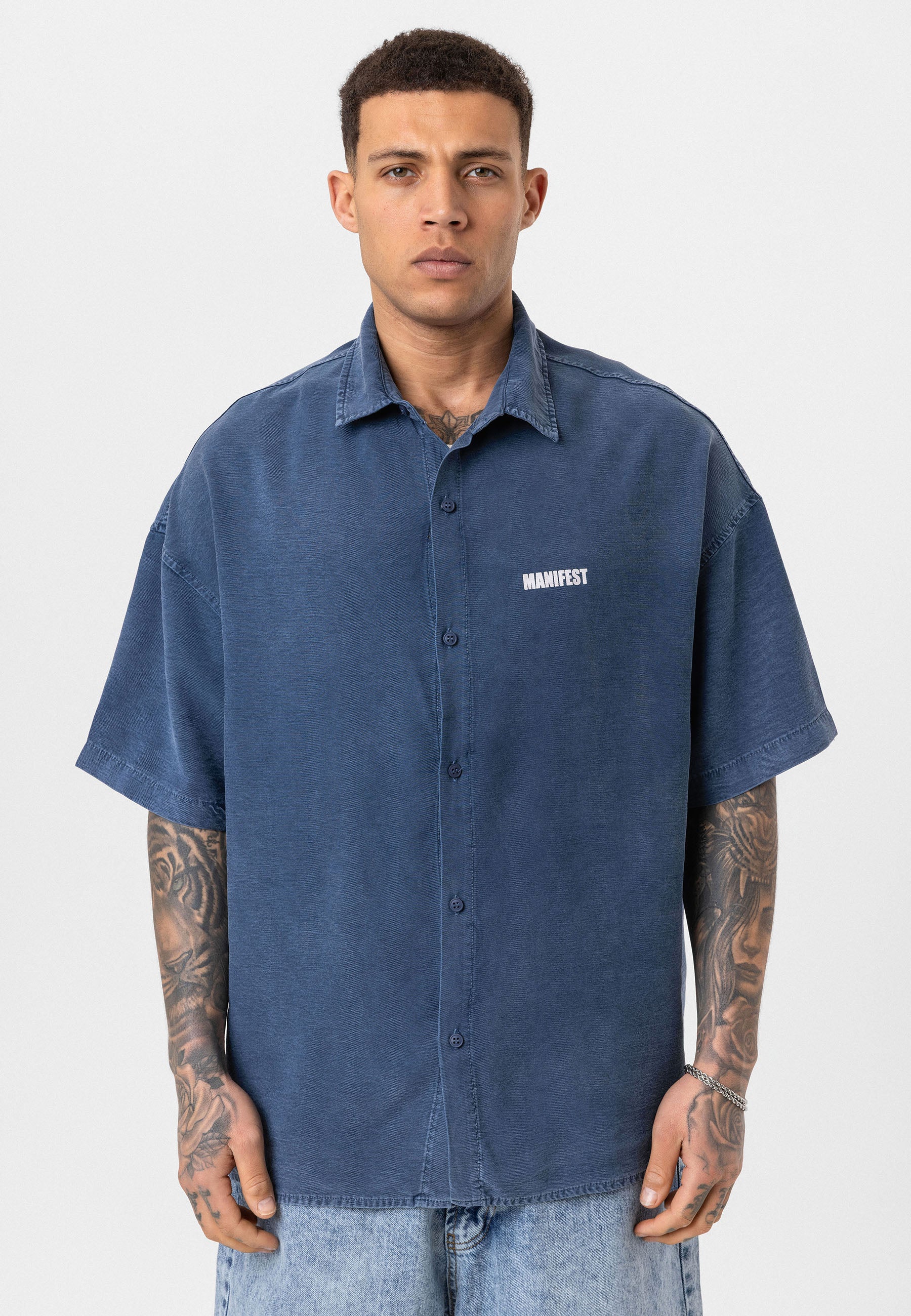 Washed Indigo Oversize Printed Short Sleeve Shirt – Casual Relaxed Fit