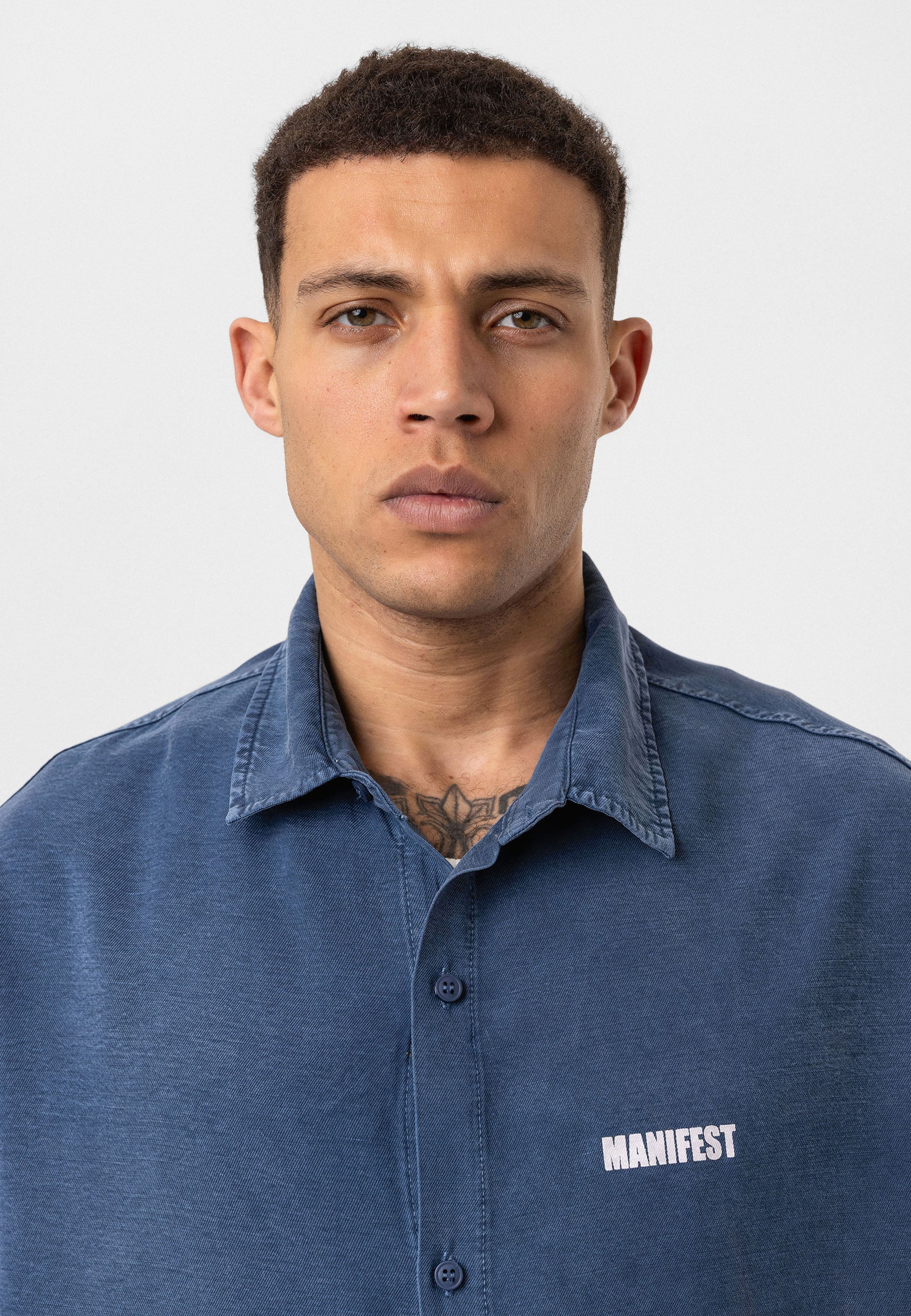 Washed Indigo Oversize Printed Short Sleeve Shirt – Casual Relaxed Fit