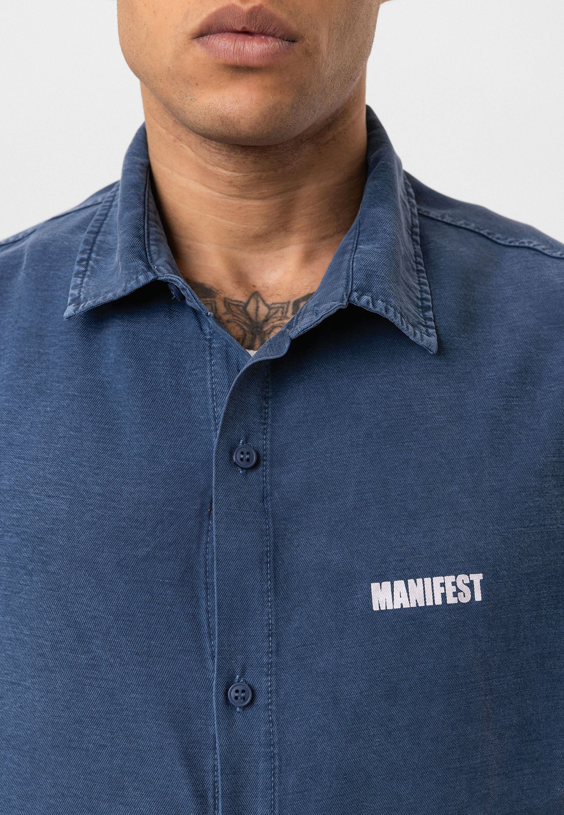 Washed Indigo Oversize Printed Short Sleeve Shirt – Casual Relaxed Fit