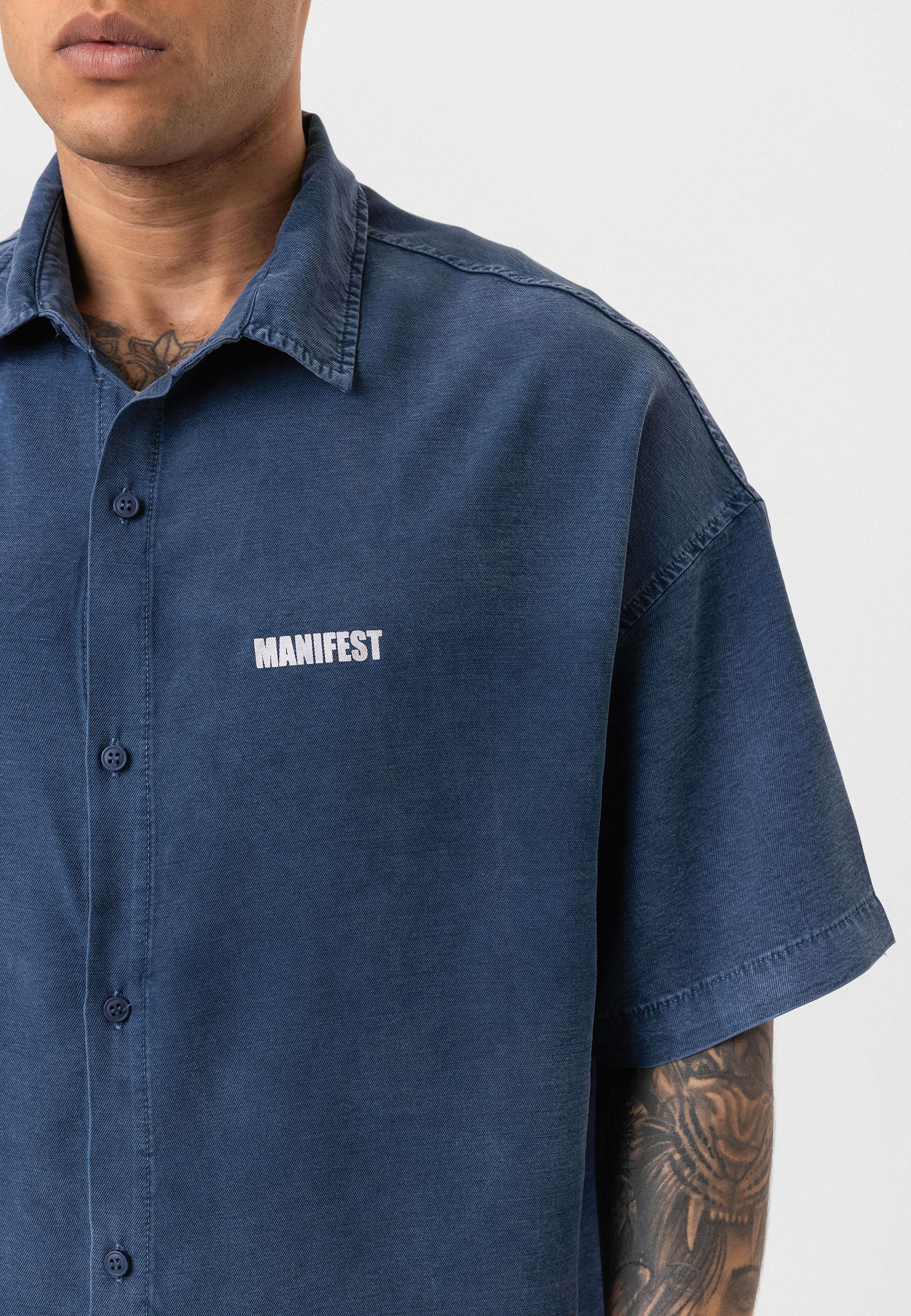 Washed Indigo Oversize Printed Short Sleeve Shirt – Casual Relaxed Fit