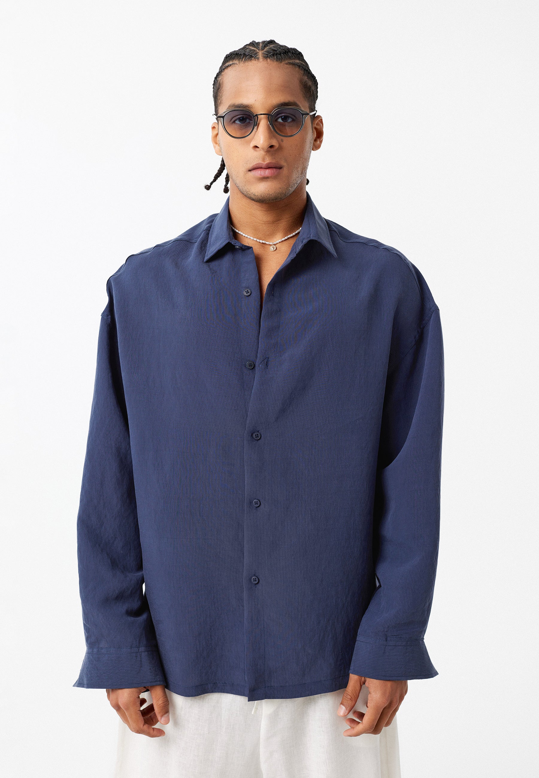 Deep Navy Blue Oversized Long‑Sleeve Shirt – Sleek & Timeless Everyday Staple